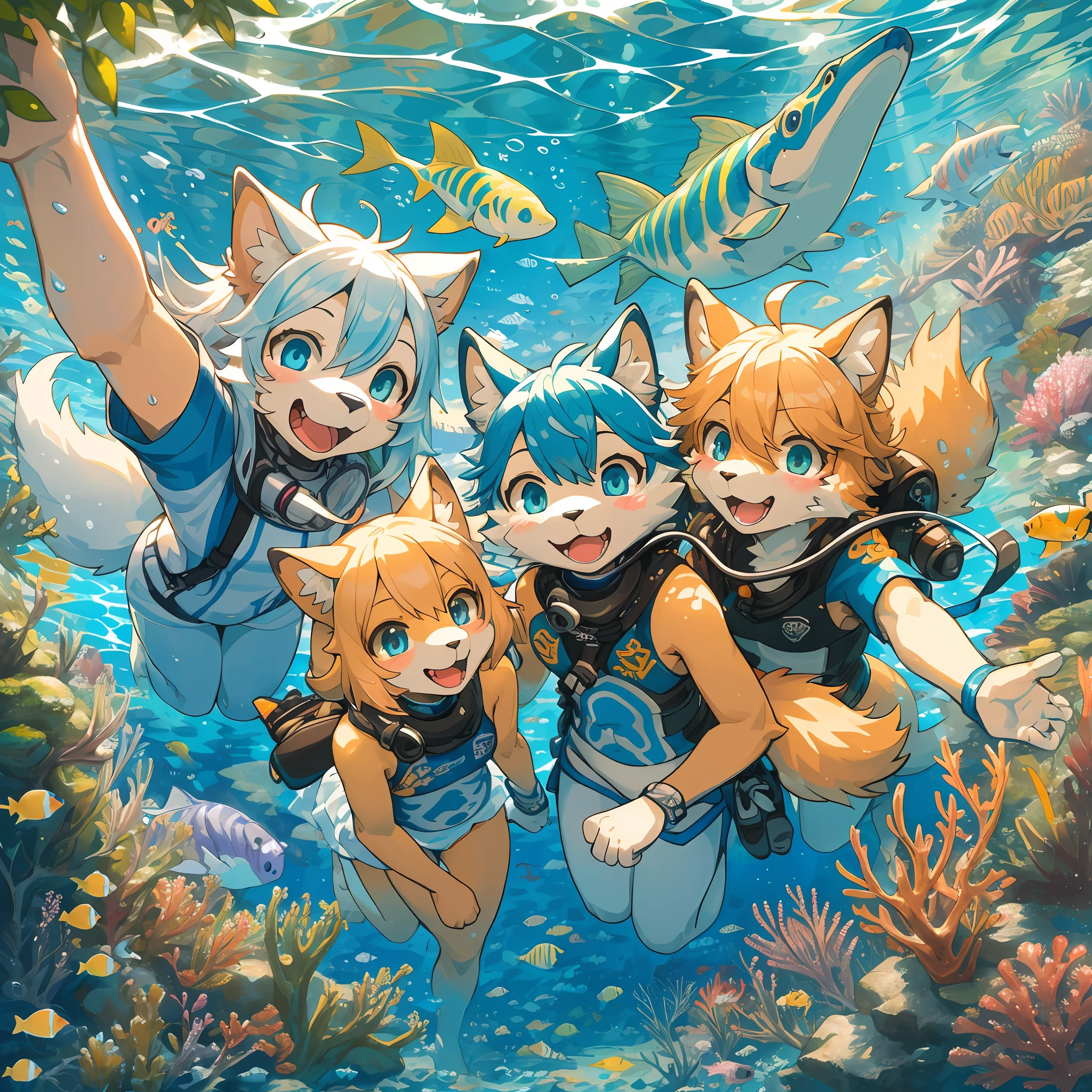 top quality, best quality, High-quality illustrations, masterpiece, super high resolution, detailed background, detailed background, In the sea, Scuba, group shot:0.2, 6+boys, 6+girls, Happy, joyful, absurdres(highly detailed beautiful face and eyes)perfect anatomy(kemono, furry anthro)selfie:0.1,