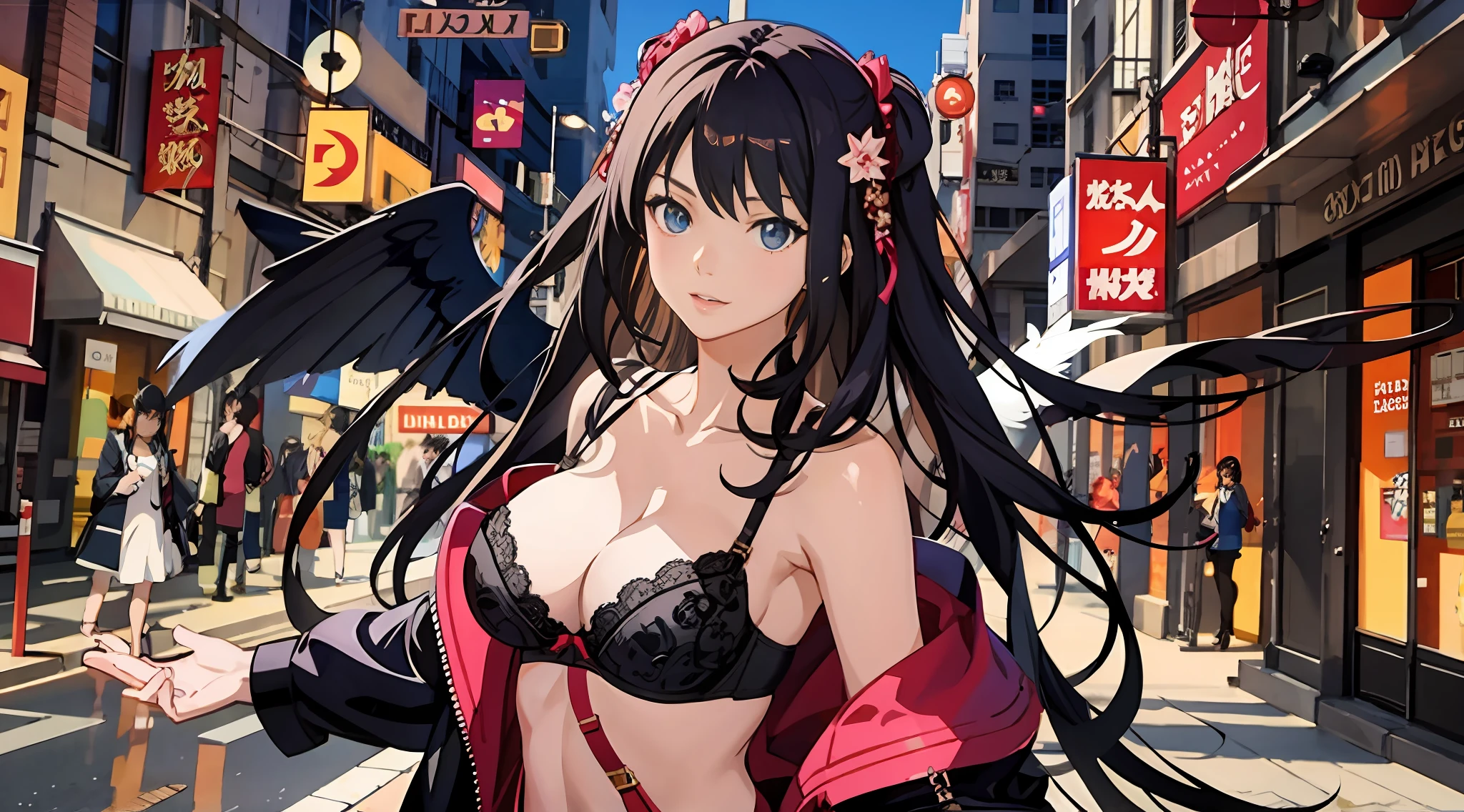 Anime girl with wings and bra top in the city, Detailed digital anime art, Kawasi, Extremely detailed Artgerm, style of anime4 K, Anime fantasy illustration, by Yang J, 2. 5 D CGI anime fantasy artwork, Art germ. anime illustration, Anime fantasy artwork, Detailed anime artwork, Digital anime illustration, advanced digital anime art，bralette，black lace bras，More details，Pattern，Perfect woman
