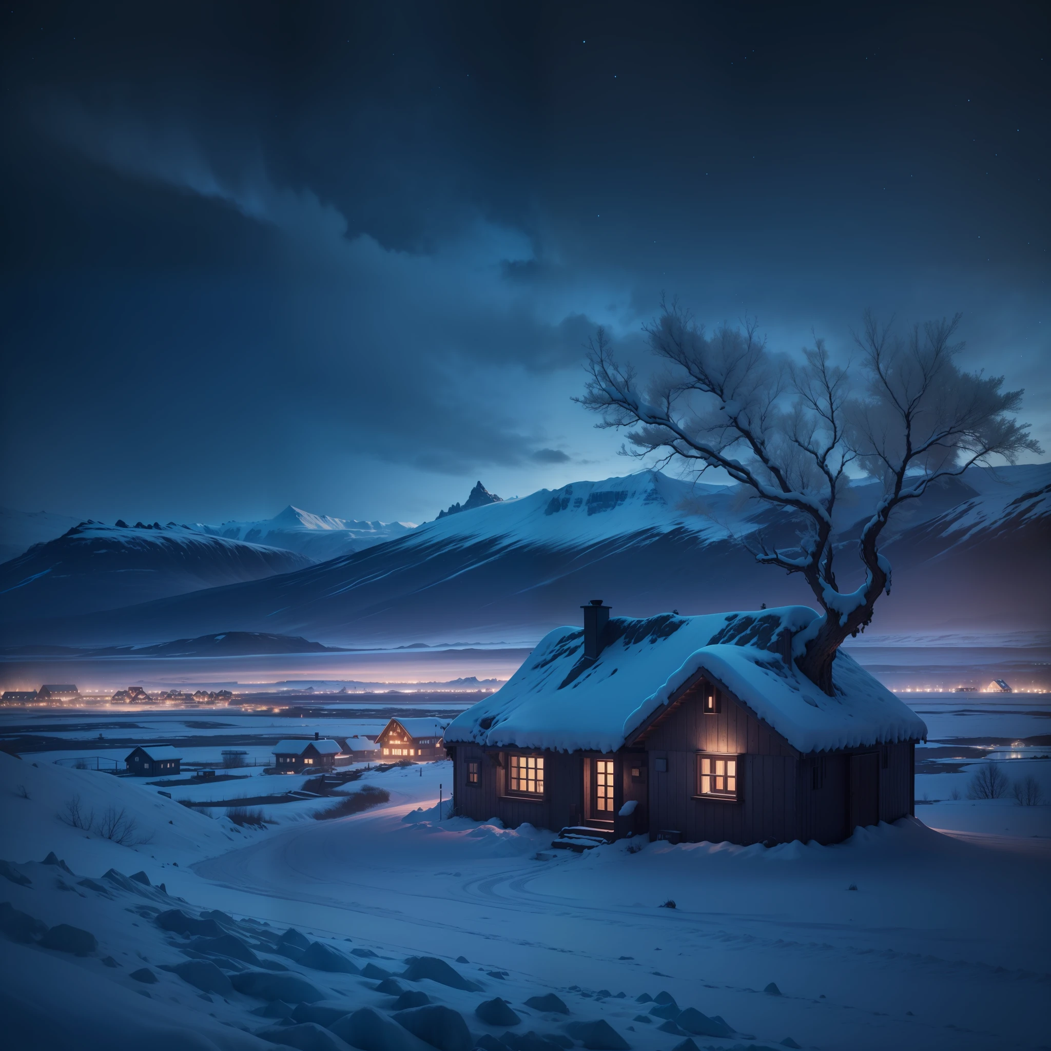 Extreme image quality 4K，iceland，glacier，log cabin，Futuristic style chalet，Faintly distant village，beautifully lit，Snowy mountains in the distance，Starry night，There are two trees