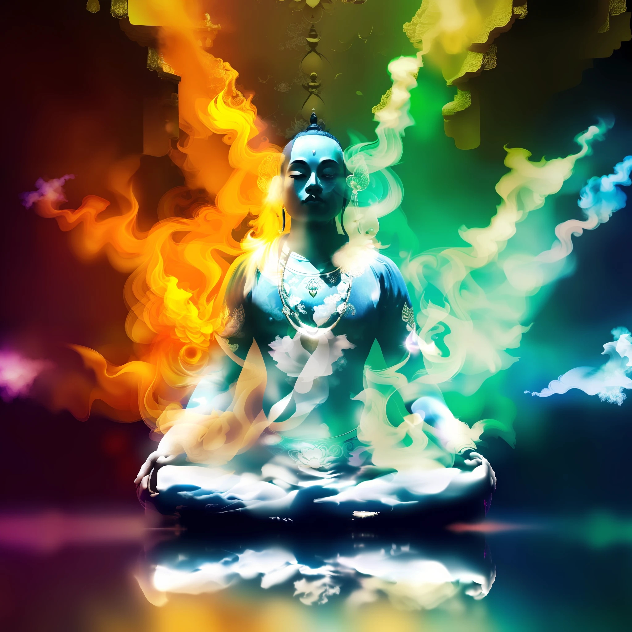 Arafed man sitting in a lotus position with colored smoke in the background, enlightenment tripping on dmt, spiritual lighting, aura colorida, um ciborgue meditando, kundalini energia, meditating pose, hindu stages of meditation, psychedelic therapy, figura meditando close shot, Chakras, flutuando em um poderoso estado zen, Meditando, yoga meditation pose