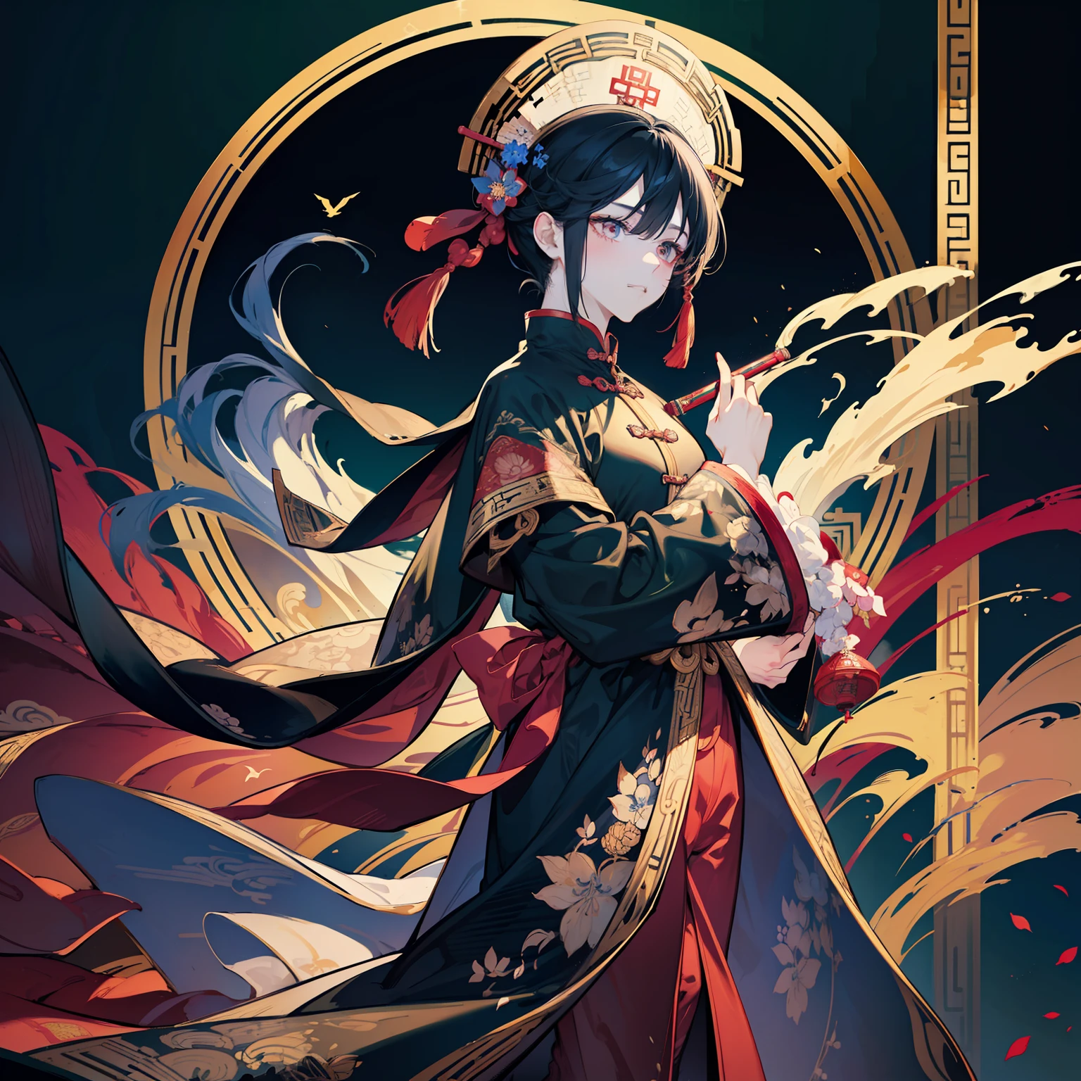 master piece,hyper quality, Hyper Detailed,Perfect drawing,1boy、full body Esbian、Long bangs、Cover your mouth with sleeves、Traditional Chinese image、reddish、Vibrant colors、Impressive shading、extremely detailed eye、Dynamic Angle
