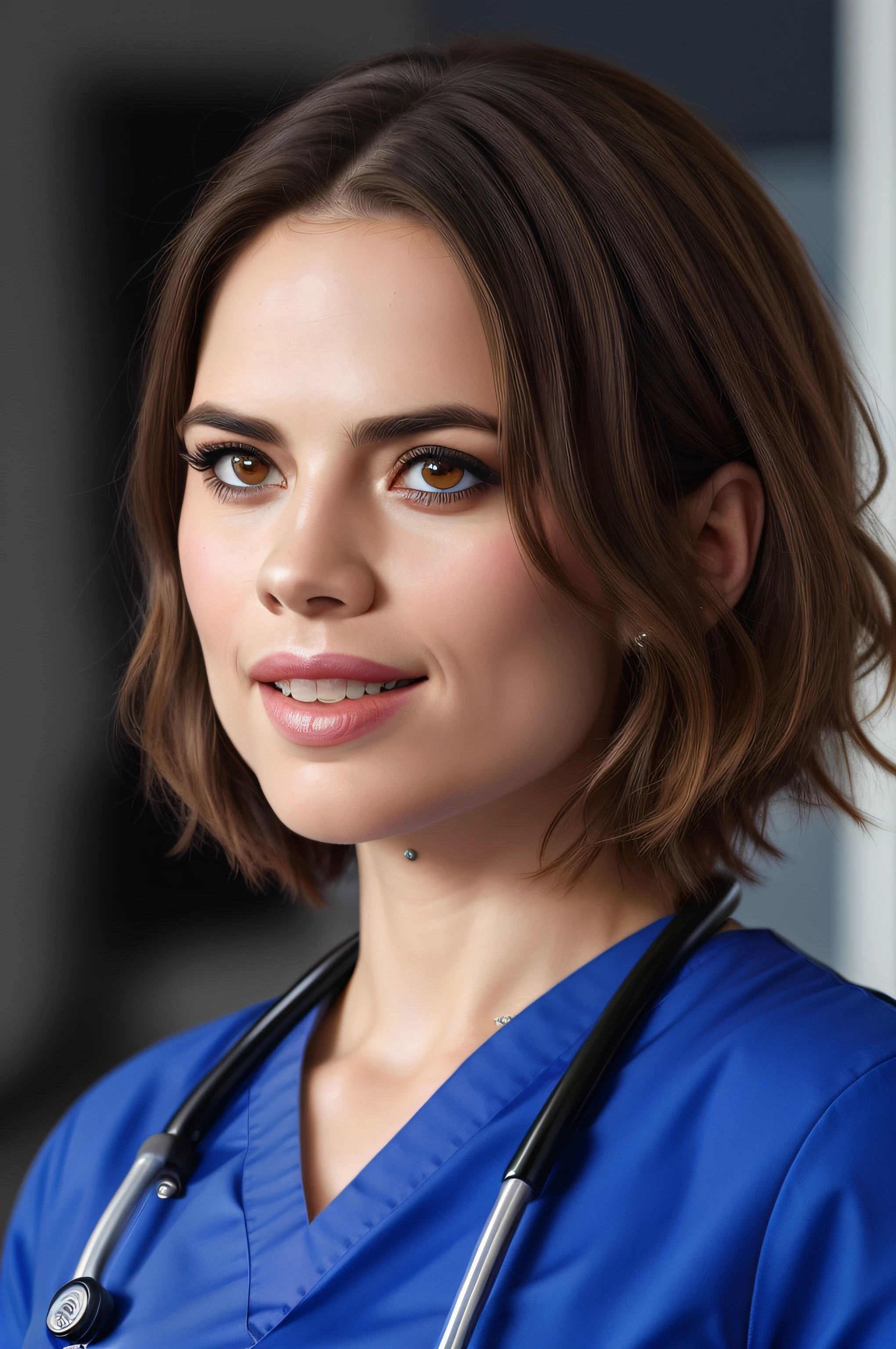 Beautiful woman, Hayley Atwell, wearing (blue hospital scrubs), beautiful legs, (short pixie hair), detailed eyes, (detailed realistic face), blush, confident smile, highly detailed, modelshoot style, (extremely detailed CG unity 8k wallpaper), (whole body shoot::1.4) photo of the most beautiful artwork in the world, hospital, fashion top model, trending on ArtStation, trending on CGSociety, Intricate, High Detail, Sharp focus, dramatic, photorealistic painting art by midjourney