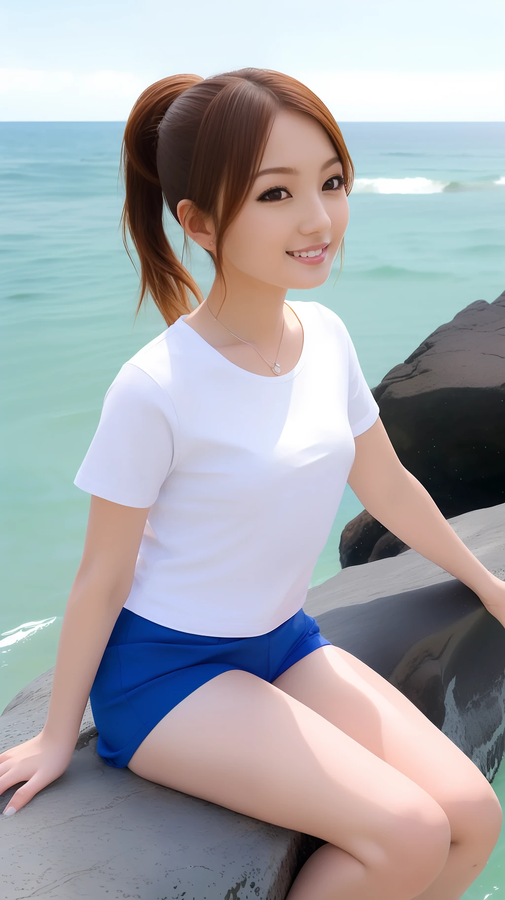 High quality, masterpiece, 8k, (1 girl, two ponytails), (sit diagonally on a rock, sea, waves, splash in background), smile, (professional wear, white t-shirt, butterfly pattern, white shorts, white stockings, white sneakers, thin and breathable material), summer, cool, seawater, waves, Gulangyu Island