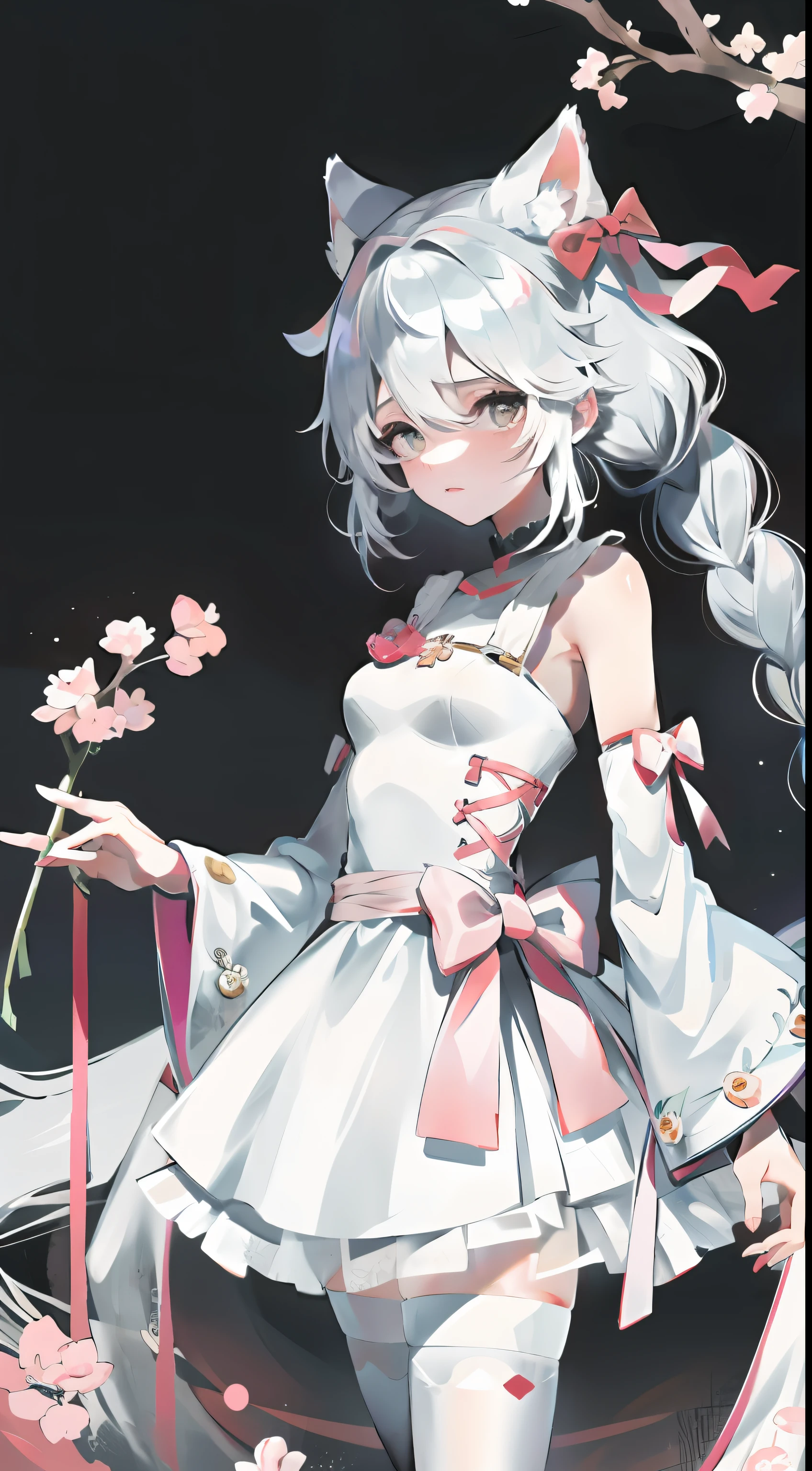 one-girl，（Long snow-white hair），（Two cat ears），Pale pink cherry blossom-like princess dress，Her soft hair was tied into two small braids，Coiled around the back of the head，There is also a hair ornament in the shape of a bow。Her delicate and fair little face was completely exposed，Only a little sparse bangs on the forehead cover it。