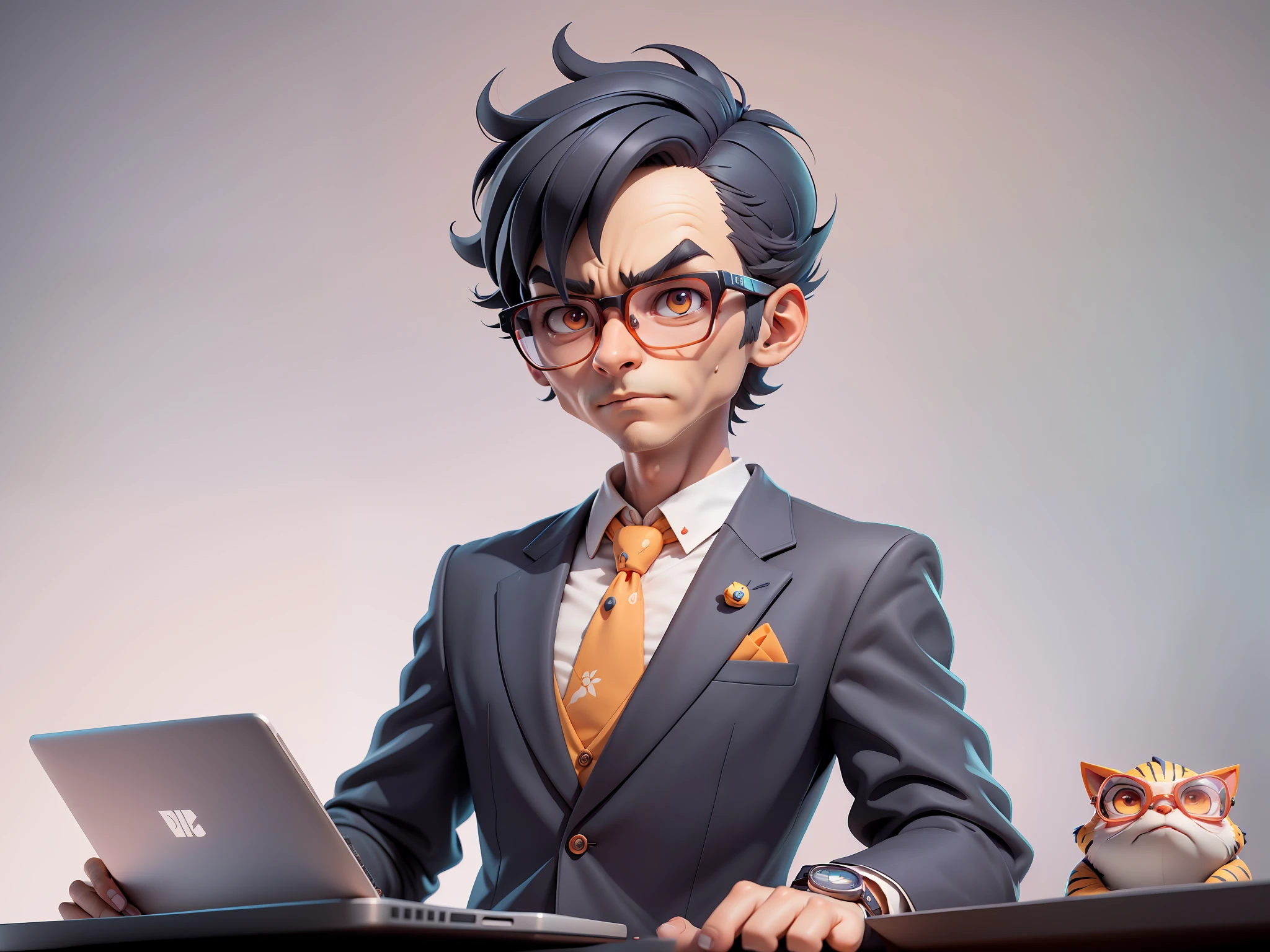 A young man in a suit, Short hair and glasses sat at his desk，holding laptop，digitial painting，tigre，3D character design by Mark Clairen and Pixar and Hayao Miyazaki and Akira Toriyama，4K HD illustration，Very detailed facial features and cartoon-style visuals。