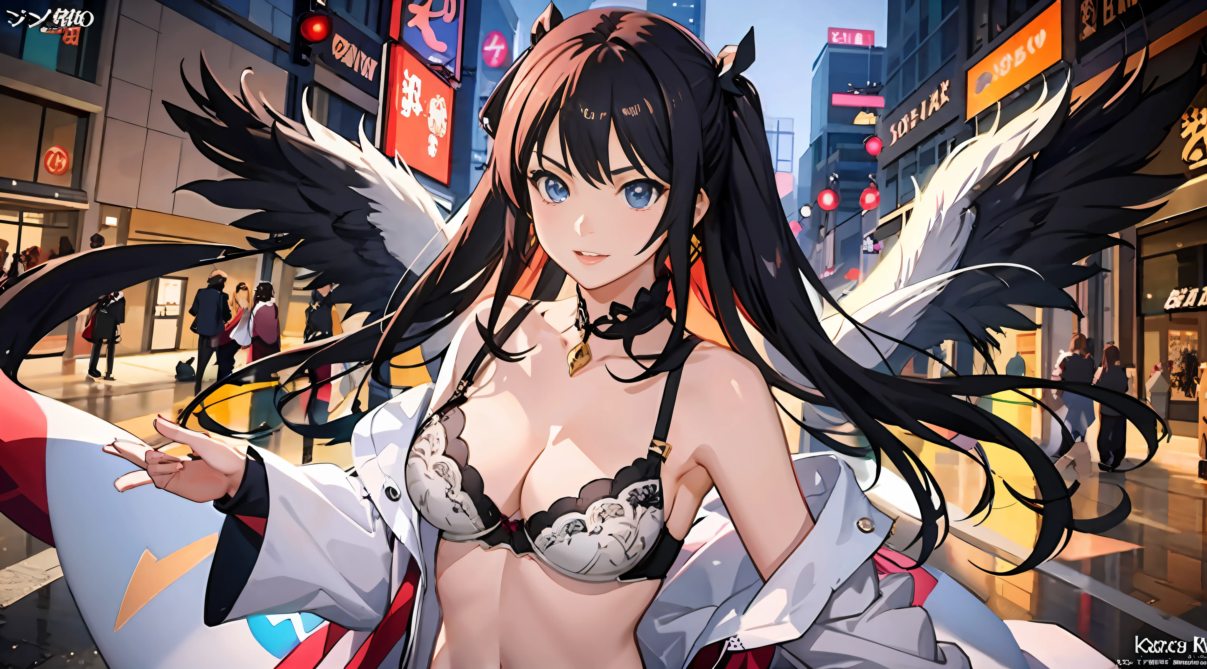 Anime girl with wings and bra top in the city, Detailed digital anime art, Kawasi, Extremely detailed Artgerm, style of anime4 K, Anime fantasy illustration, by Yang J, 2. 5 D CGI anime fantasy artwork, Art germ. anime illustration, Anime fantasy artwork, Detailed anime artwork, Digital anime illustration, advanced digital anime art，bralette，black lace bras，More details，Pattern，Perfect woman