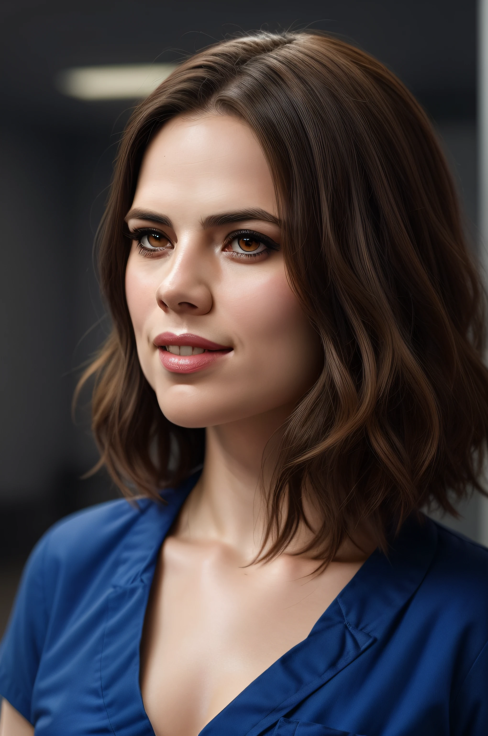 Beautiful woman, Hayley Atwell, wearing (blue hospital scrubs), beautiful legs, (short pixie hair), detailed eyes, (detailed realistic face), blush, confident smile, head tilted to side, highly detailed, modelshoot style, (extremely detailed CG unity 8k wallpaper), (whole body shoot::1.4) photo of the most beautiful artwork in the world, hospital, fashion top model, trending on ArtStation, trending on CGSociety, Intricate, High Detail, Sharp focus, dramatic, photorealistic painting art by midjourney