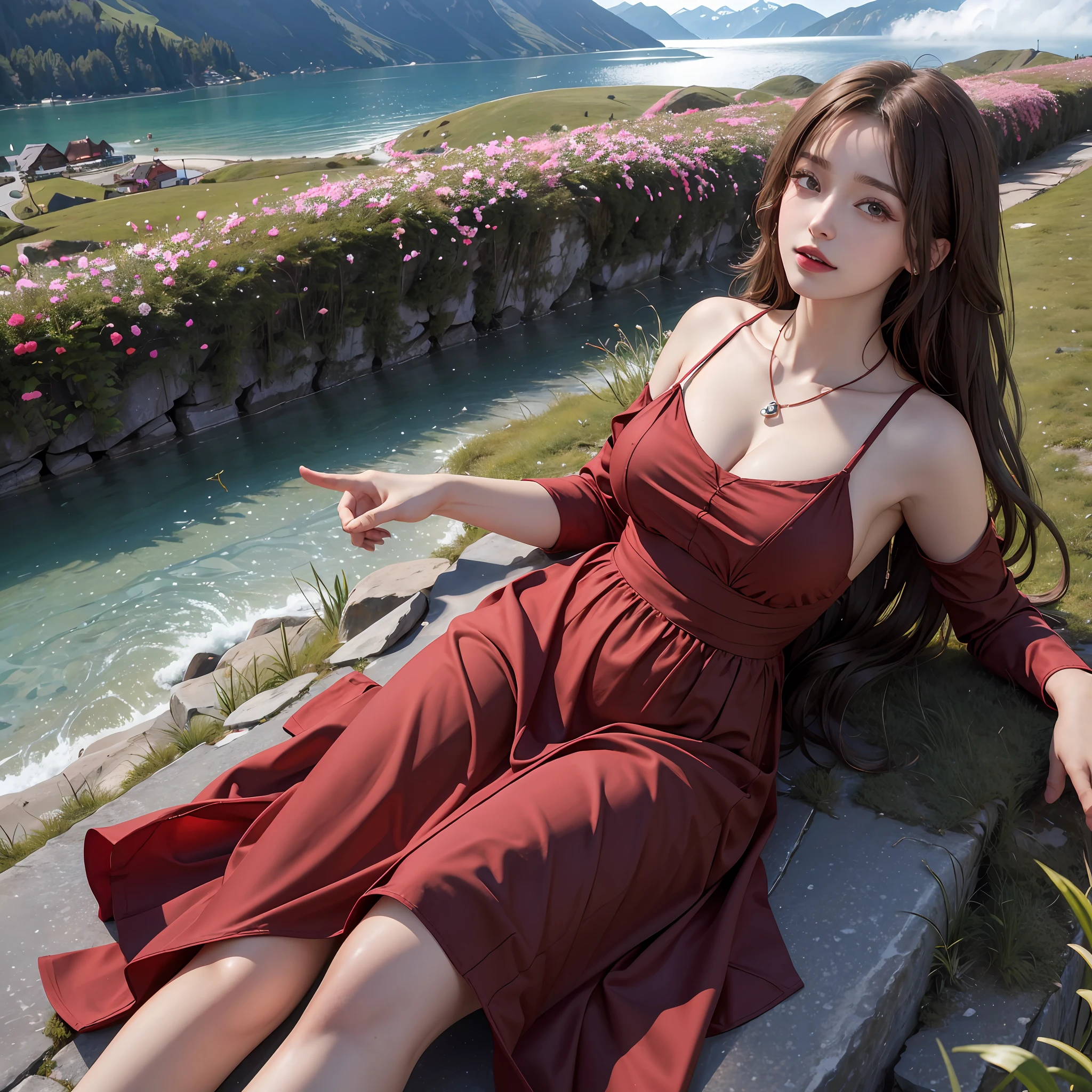 masterpiece,ultra realistic,32k,extremely detailed CG unity 8k wallpaper, best quality,
The Swiss Alps, Switzerland, ( Dark red A-line dress ) ,((spring day )), Beachy waves with a side part ,eardrop,lady ,necklace,