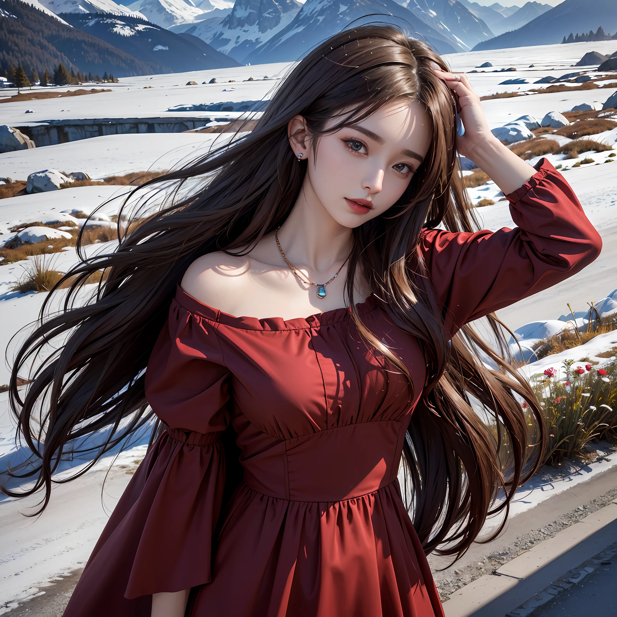 masterpiece,ultra realistic,32k,extremely detailed CG unity 8k wallpaper, best quality,
The Swiss Alps, Switzerland, ( Dark red A-line dress ) ,((spring day )), Beachy waves with a side part ,eardrop,lady ,necklace,