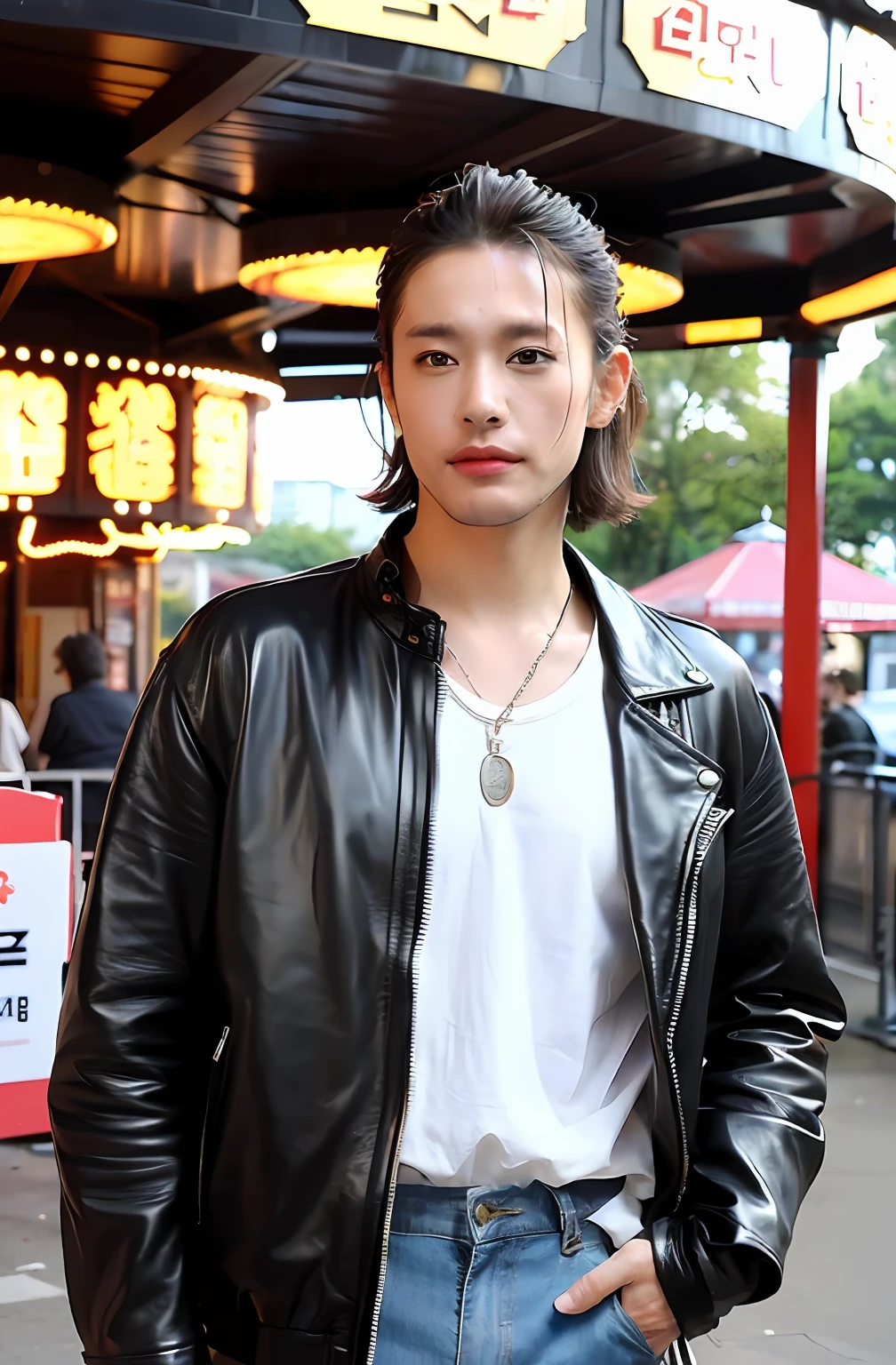 (1 Dashing man,(8K:1.3), Knight image,Asian man photo,Mature men(Best quality, Masterpiece), 超高分辨率:1.2,The silhouette blends in with Korea&Japanese male style,The image is based on a 30-year-old man,The character's facial contours are three-dimensional,Be three-dimensional,Image design:Wild like a motorcyclist, Wear leather textured gloves(Full of detail),with short brown hair(Gradient lighting), 1 man, The skin texture is clear, Look ahead,Eye anxiety and restlessness,dry, Chapped lips,Tattooed with,Sweat on the forehead,The eyes are slender, (Photorealistic:1.4), (Best quality:1.0), (超高分辨率:1.0), 8K, RAW photo, (Masterpiece:0.2), (PureErosFace_V1:0.5),,Feral male image, Men's leather biker jacket(metallic buttons),Several patterned printed shirts,Wear necklaces and bracelets and 3 metal chains in different styles,A thick rope is tied around the waist, The venue is located in front of the amusement park carousel, The man's expression was nervous,Liso's action,mystical ambiance,Facial features are three-dimensional,Hair is scattered and layered,Lights illuminate the characters from top to bottom,Bare hair,sun light,画面压抑而紧张➕全男性特征元素