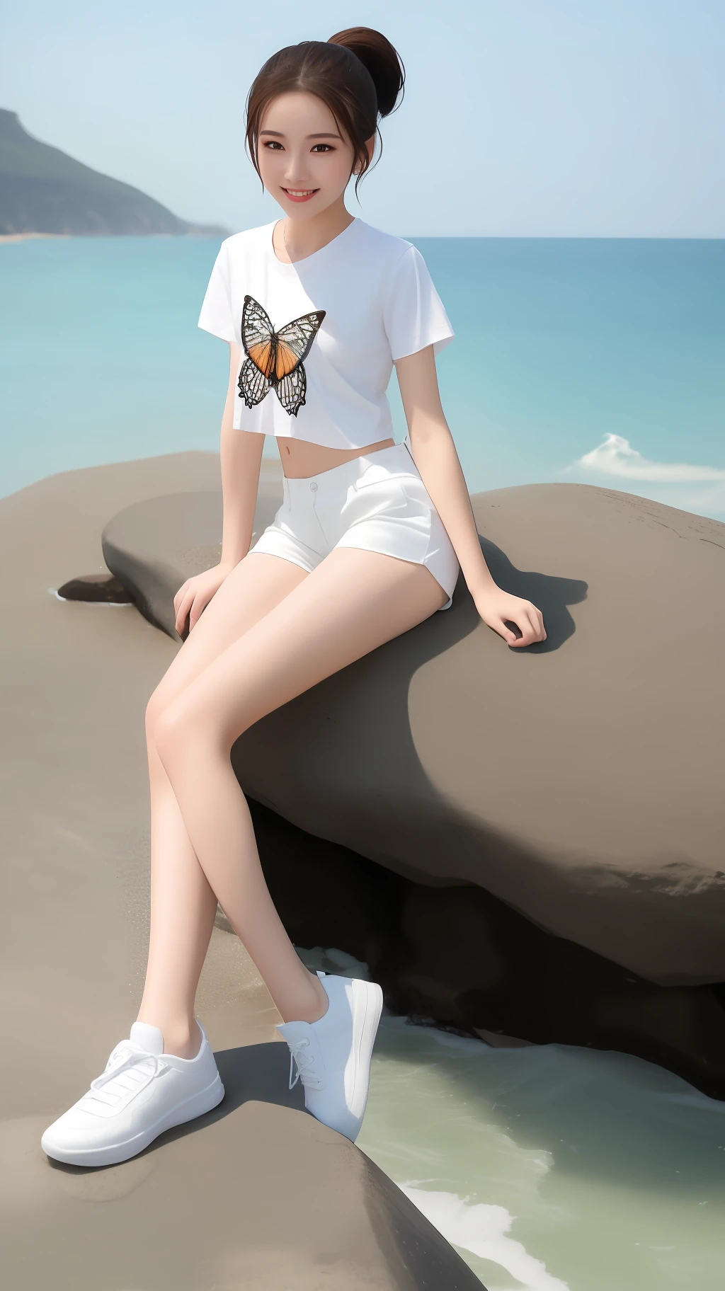 High quality, masterpiece, 8k, (1 girl, two ponytails), (sit diagonally on a rock, sea, waves, splash in background), smile, (professional wear, white t-shirt, butterfly pattern, white shorts, white stockings, white sneakers, thin and breathable material), summer, cool, seawater, waves, Gulangyu Island