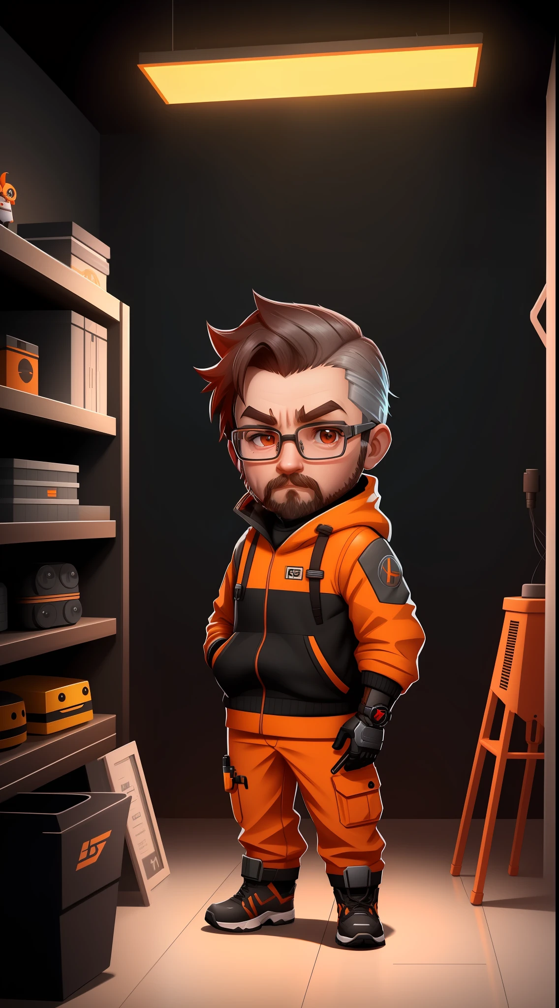 Gordon freeman character from half-life game, cute style, chibi style, ultra detailed, pixar design, 4k, uhd, studio lighting, full body, modern disney style,
