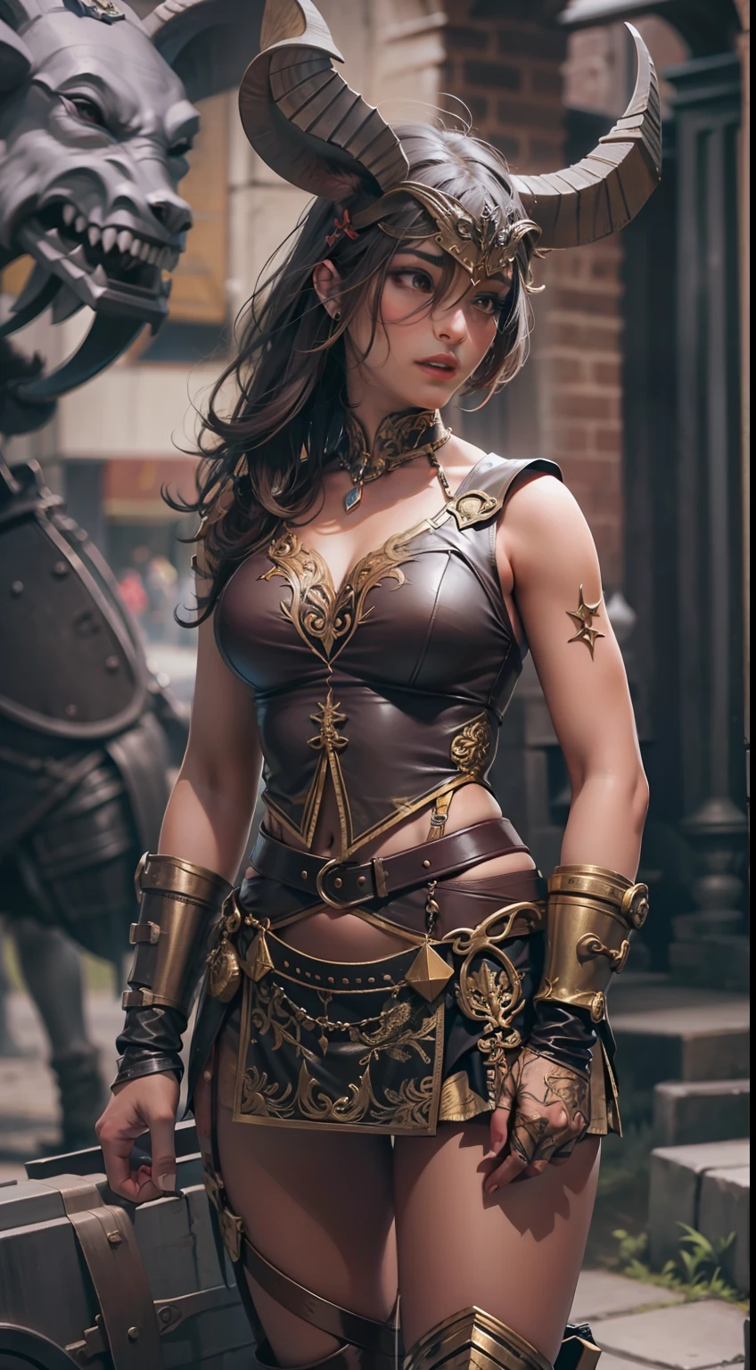 Beautiful woman in Minotaur gladiator Outfit