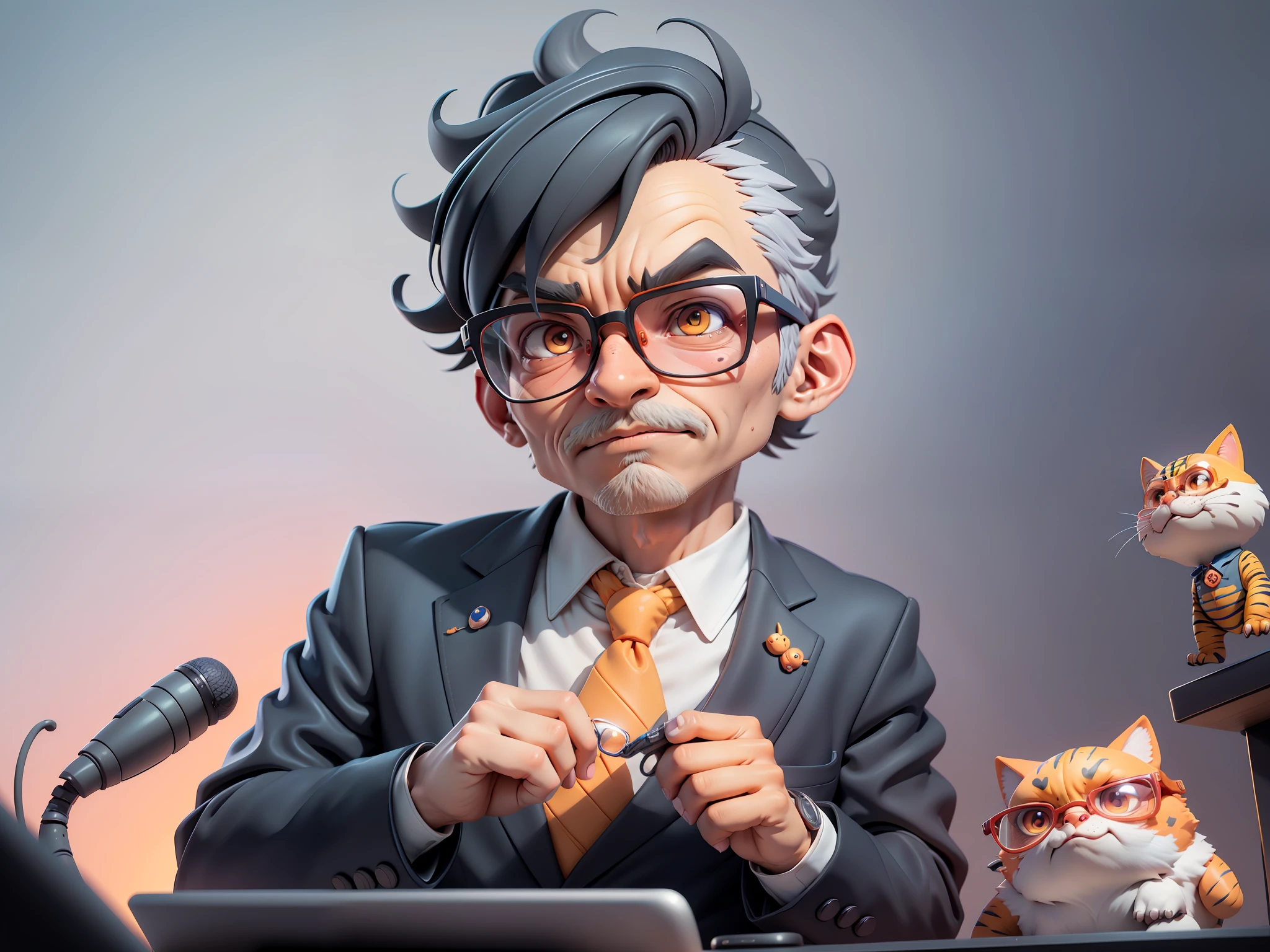 A young man in a suit, Short hair and glasses sat at his desk，holding laptop，digitial painting，tigre，3D character design by Mark Clairen and Pixar and Hayao Miyazaki and Akira Toriyama，4K HD illustration，Very detailed facial features and cartoon-style visuals。