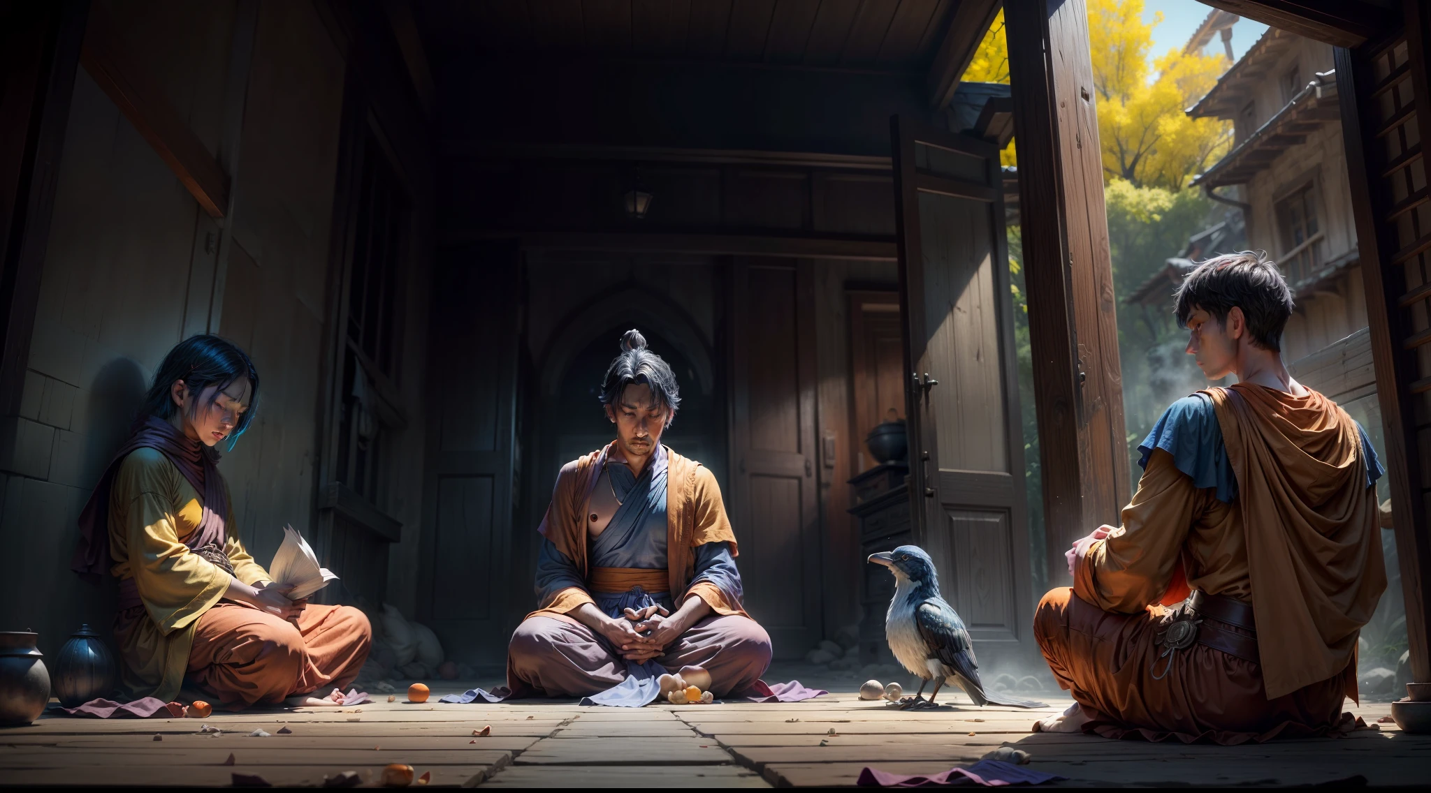 4 men Buddhist monk dressed as orange monks sitting on the ground in meditation position in a beautiful forest, montanhas, river and birds, raios de sol brilhantes no fundo, deslumbrante, emaranhado(tiro escuro: 1.4), 80mm, (tiro escuro: 1.4), 80mm, Epic realistic,, Paul Gauguin, van Gogh, arte de Greg Rutkowski e artgerm, soft  Cinematic Light, Adobe Lightroom, Photolab, HDR, intrincado, altamente detalhado, (profundidade de campo: 1.4), (foto escura:1.22), cores neutras, (hdr:1.4), (cores silenciadas:1.4), (intrincada), (artstation:1.2), detalhes hiperdetalhados, Dramatic, intrincados, (technicolor:0.9), (rutkowski:0.8), cinemactic, detalhado, luz suave, sharper, exposure blending, medium shot, bokeh, (hdr:1.4), alto contraste, (cinemactic, azul-marinho e laranja:0.85), (cores silenciadas, cores fracas, tons calmantes:1.3), low saturation, (hiperdetalhada: 1.2), (noir:0.4), luz suave, sharper, exposure blending, medium shot, bokeh, (hdr:1.4), alto contraste, (cinemactic, azul-marinho e laranja:0.85), (cores suaves, cores fracas, tons suaves:1.3), low saturation, (hiperdetalhado:1.2), (noir:0.4), (detalhes intrincados:1.12), hdr, (detalhes intrincados, hiperdetalhados:1.15)