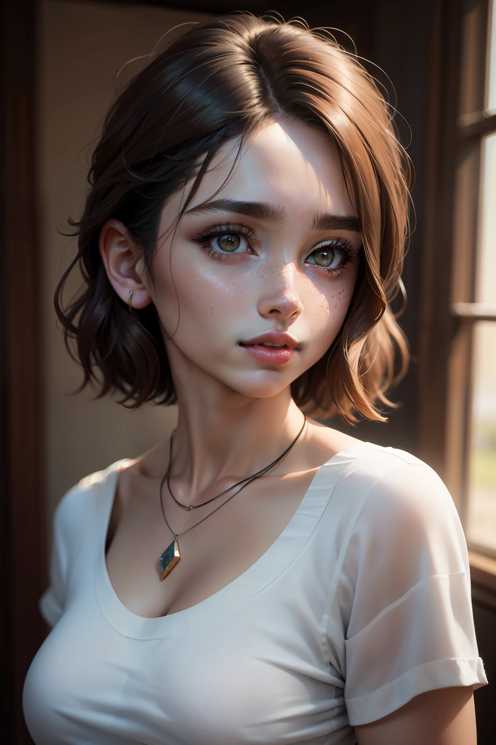 masterpiece, best quality, 3d rending work ,3DMM style,close-up,portrait, 3D,1girl, solo, necklace, freckles, jewelry, looking to the side, realistic, upper body, simple background, bangs, looking away, parted lips, lips, makeup, mole, , shirt, watermark, short hair, black hair, adult face, realism (Ana de Armas/Actress)
