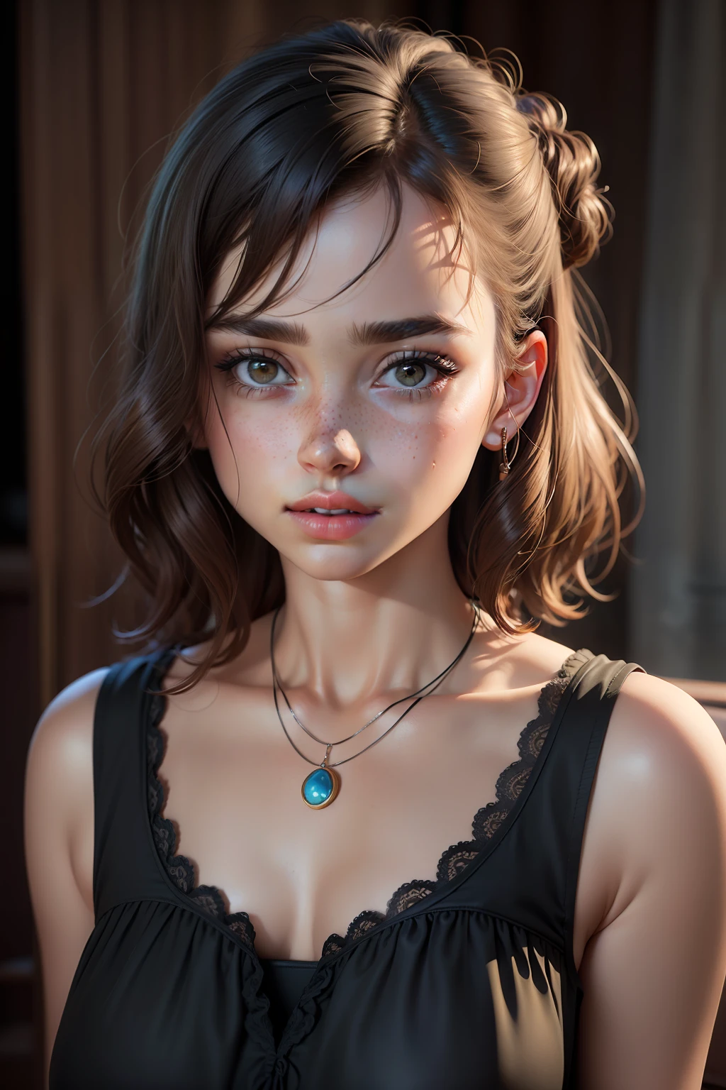 masterpiece, best quality, 3d rending work ,3DMM style,close-up,portrait, 3D,1girl, solo, necklace, freckles, jewelry, looking to the side, realistic, upper body, simple background, bangs, looking away, parted lips, lips, makeup, mole, , shirt, watermark, short hair, black hair, adult face, realism (Ana de Armas/Actress)