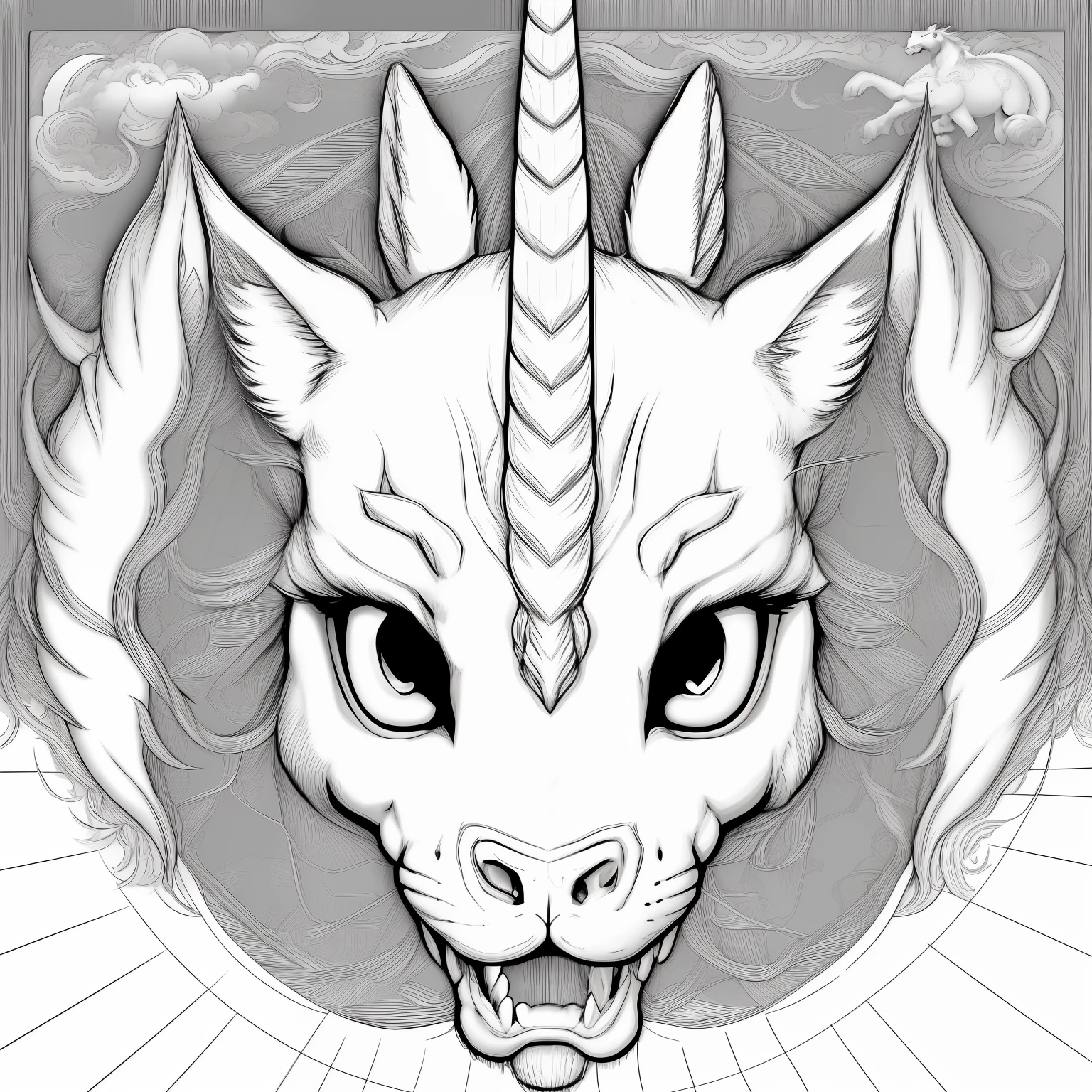 High detalle coloring book page, think black lines, white background, 1 bit line art coloring book, only draw routines, crisp, thick outlines, use up they entire screen, routines art, storybook illustration, Unicorn facing off against a dragon using magic