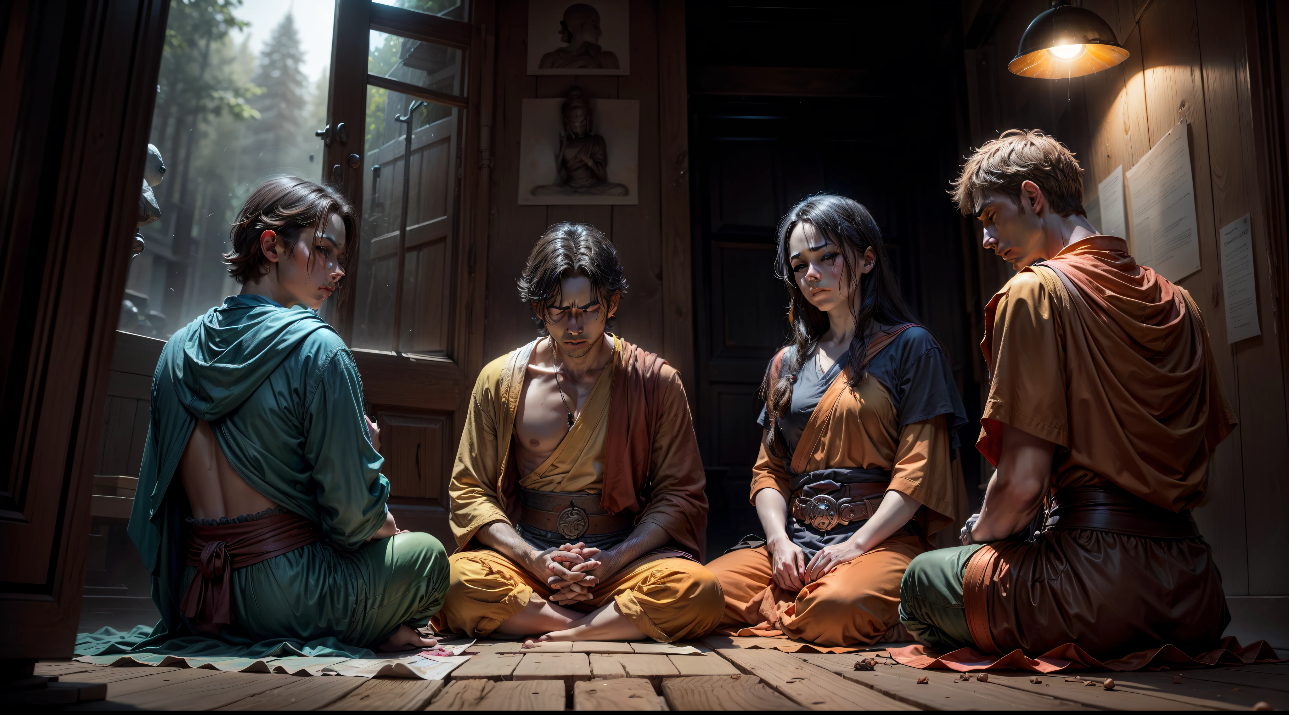 4 men Buddhist monk dressed as orange monks sitting on the ground in meditation position in a beautiful forest, montanhas, river and birds, raios de sol brilhantes no fundo, deslumbrante, emaranhado(tiro escuro: 1.4), 80mm, (tiro escuro: 1.4), 80mm, Epic realistic,, Paul Gauguin, van Gogh, arte de Greg Rutkowski e artgerm, soft Cinematic Light, Adobe Lightroom, Photolab, HDR, intrincado, altamente detalhado, (profundidade de campo: 1.4), (foto escura:1.22), cores neutras, (hdr:1.4), (cores silenciadas:1.4), (intrincada), (artstation:1.2), detalhes hiperdetalhados, Dramatic, intrincados, (technicolor:0.9), (rutkowski:0.8), cinemactic, detalhado, luz suave, sharper, exposure blending, medium shot, bokeh, (hdr:1.4), alto contraste, (cinemactic, azul-marinho e laranja:0.85), (cores silenciadas, cores fracas, tons calmantes:1.3), low saturation, (hiperdetalhada: 1.2), (noir:0.4), luz suave, sharper, exposure blending, medium shot, bokeh, (hdr:1.4), alto contraste, (cinemactic, azul-marinho e laranja:0.85), (cores suaves, cores fracas, tons suaves:1.3), low saturation, (hiperdetalhado:1.2), (noir:0.4), (detalhes intrincados:1.12), hdr, (detalhes intrincados, hiperdetalhados:1.15)