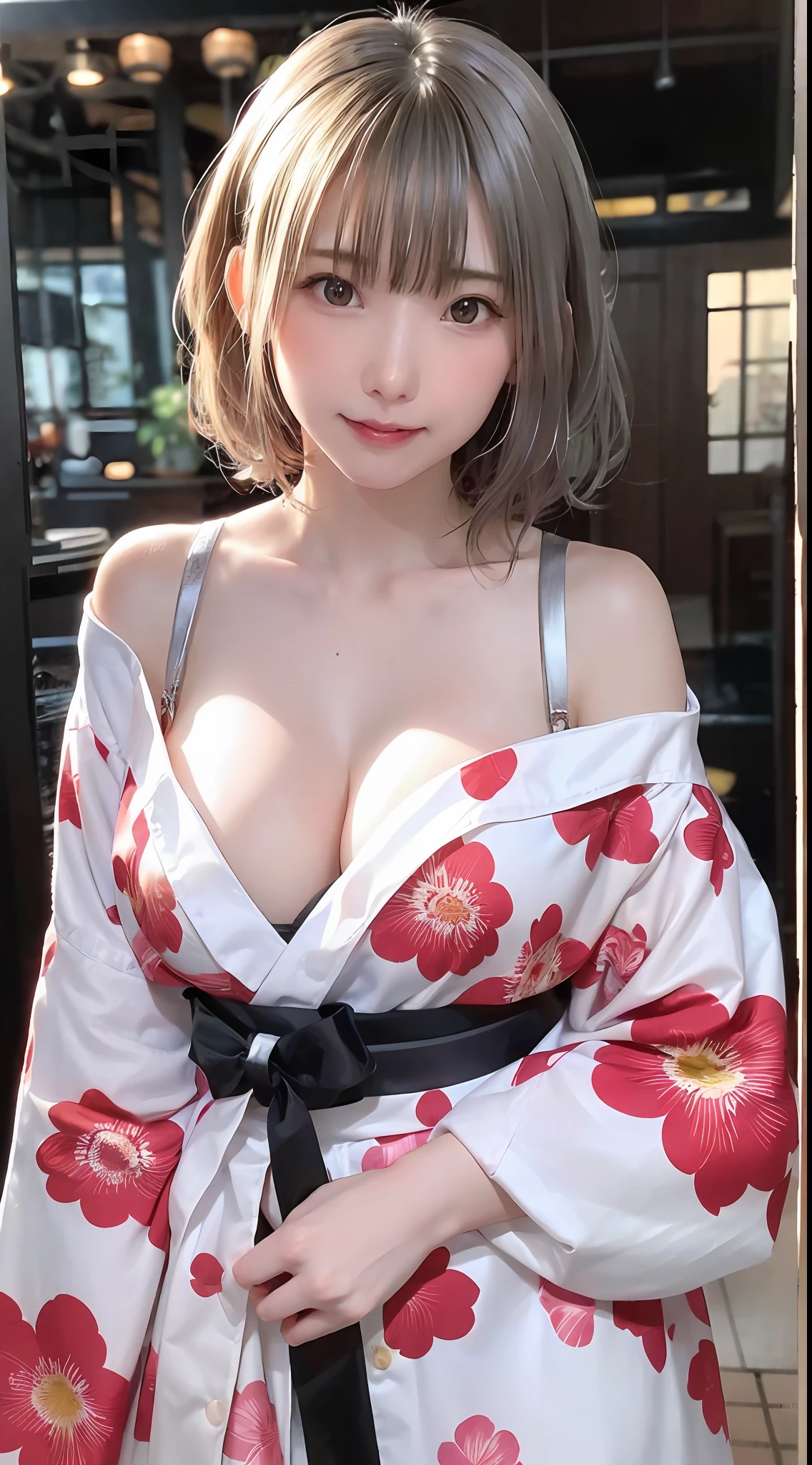 Beautiful coast in summer、((The face is Enako of a cosplayer))、absurdity, 8K、 Best Quality, masuter piece、high detail photo, Professional Photography, Cinematic lights,  (Best Quality),  ((A slender))、 Sexy summer pink floral yukata with wide open breasts, Fully open yukata, Full Wide Open Chest, Bare shoulders,  (kindly smile)、((short wavy silver hair))、