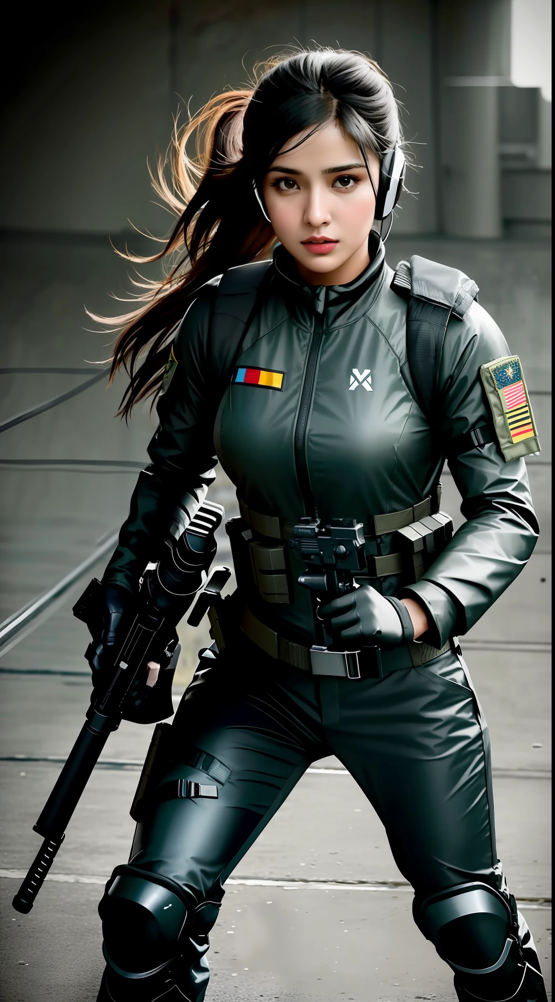 a 25 year old indian woman in a black outfit holding a rifle and wearing headphones, face like tamanna Bhatia, soldier girl, mechanized soldier girl, military girl, beautiful female soldier, female lead character, infantry girl, of a sniper girl in war, solo female character, future combat gear, full body shot, large breasts, curvy, dynamic pose in action, beautiful face, beautiful body, looking at the viewer, quiet from metal gear solid v, wearing tactical gear, dressed in tactical armor, highly detailed