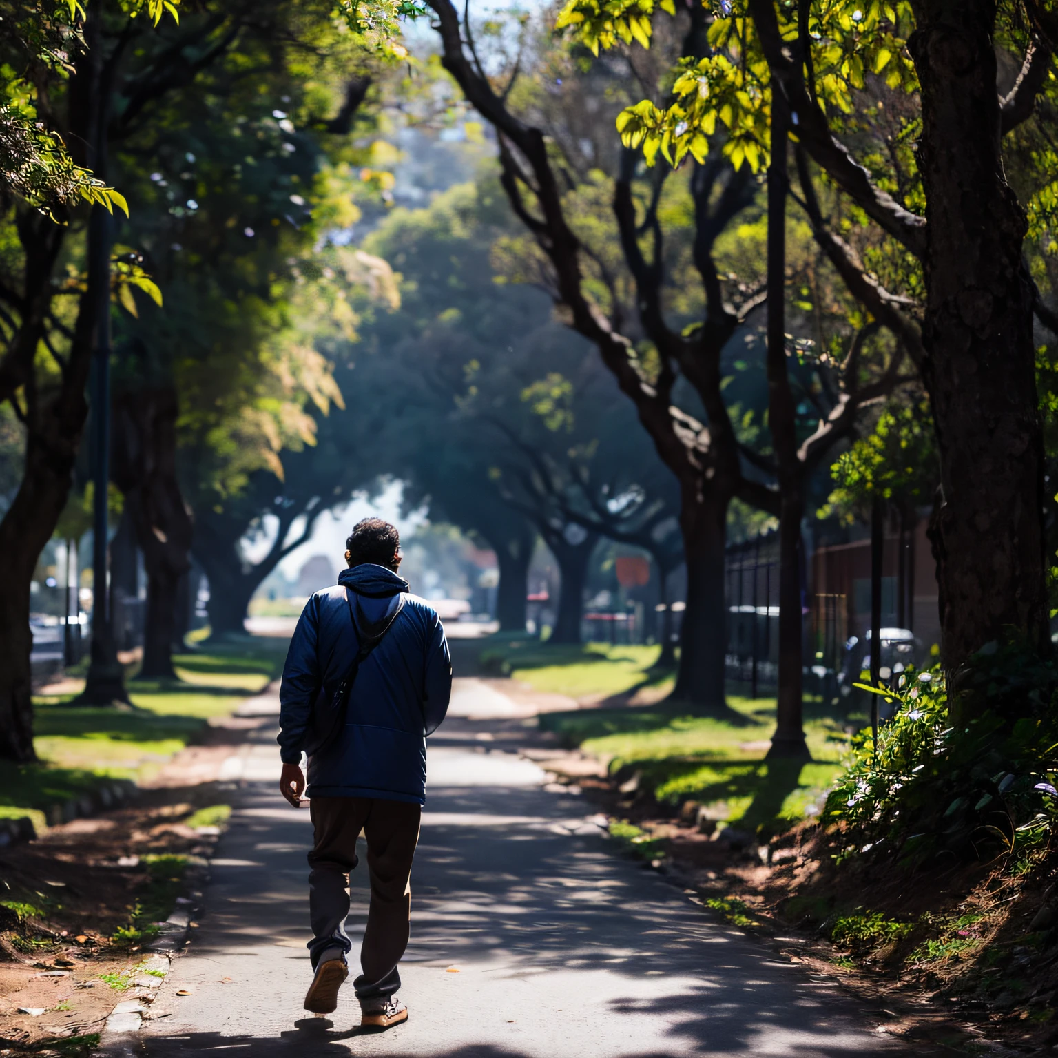 Cinematic portrait photo of a very interesting Brazilian man, caminhando em um parque, fazendo alongamento, altamente detalhado, taken with a full frame camera with a wild lens,