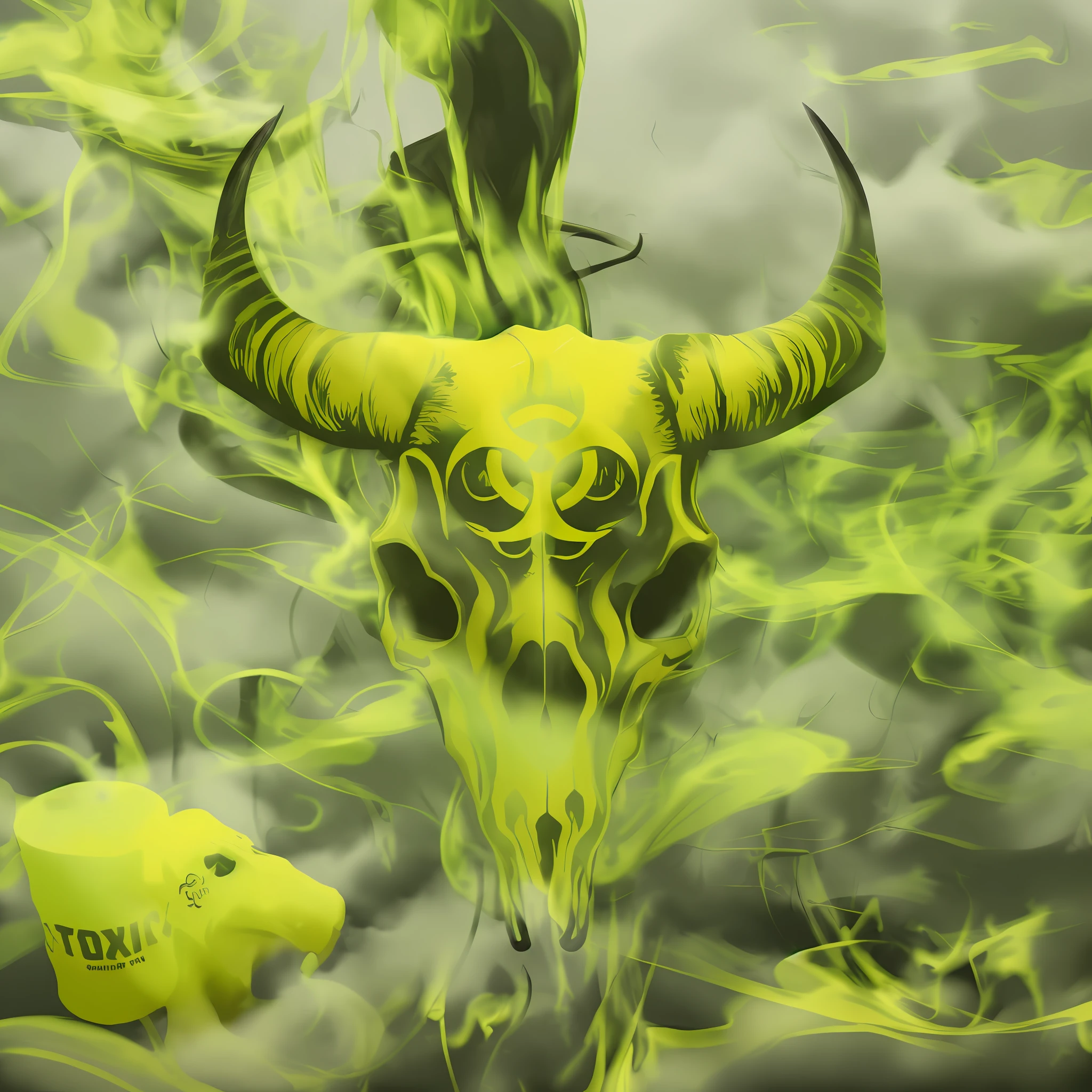 There is a horned skull and a biological hazard in it, toxic drips, toxic, toxic air, toxic waste, toxic clouds, toxic cat, toxicidade, taurus zodiac sign symbol, Album art, Biohazard, with a sky of yellow green smoke, horned, toxic slime, mastodonte, Taurus, toxic glowing smog in the sky