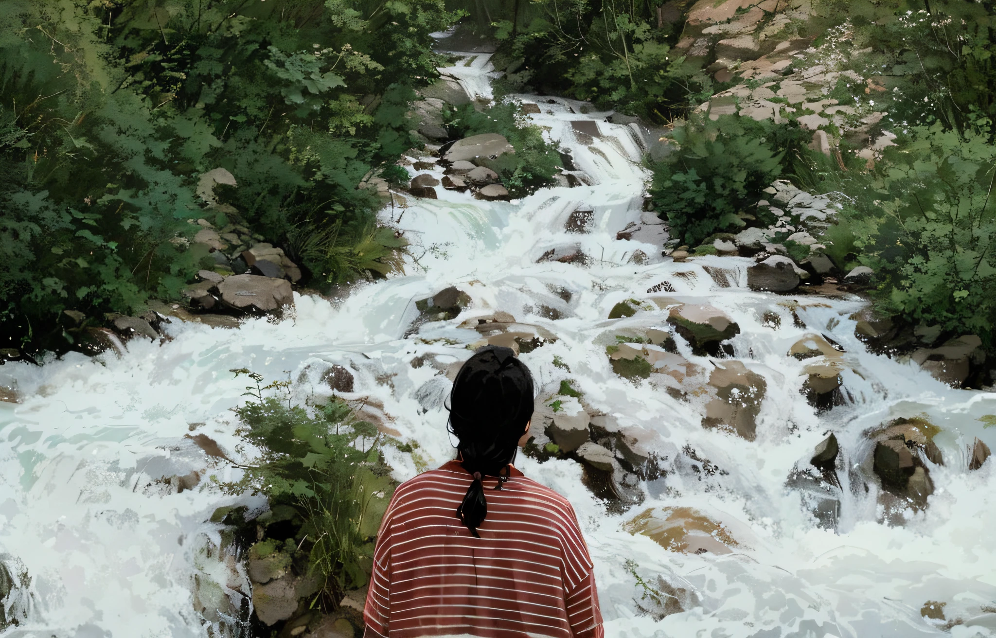 there is a man standing on a rock looking at a stream, with a river running through it, standing in a waterfall, amidst nature, with a waterfalls, standing near a waterfall, standing in front of a waterfall, next to a waterfall, she is walking on a river, stream of love and happiness, with waterfalls, with waterfalls and river, waterfall in the background