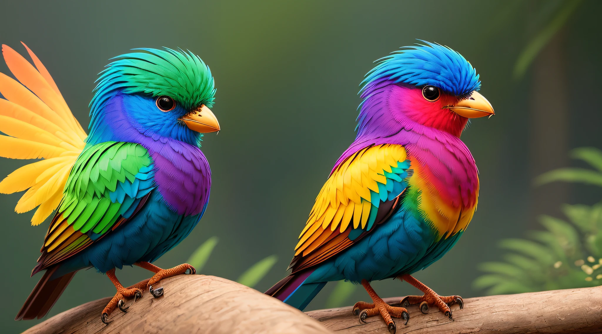 Colorful rainbow bird made of thick feathers, sentado em um tronco na floresta, usando um colar futurista com pequenas luzes coloridas, pelo altamente detalhado, fofo, symmetr, soft-lighting, rosto altamente detalhado, arte conceitual, pintura digital, looking-into-camera, (vaga-lumes), nevoeiro, noite, lua, symmetr, (cbzbb: 1.25) lindos grandes olhos circulares reflexivos brilhantes, unreal engine cinematic smooth, detalhes intrincados