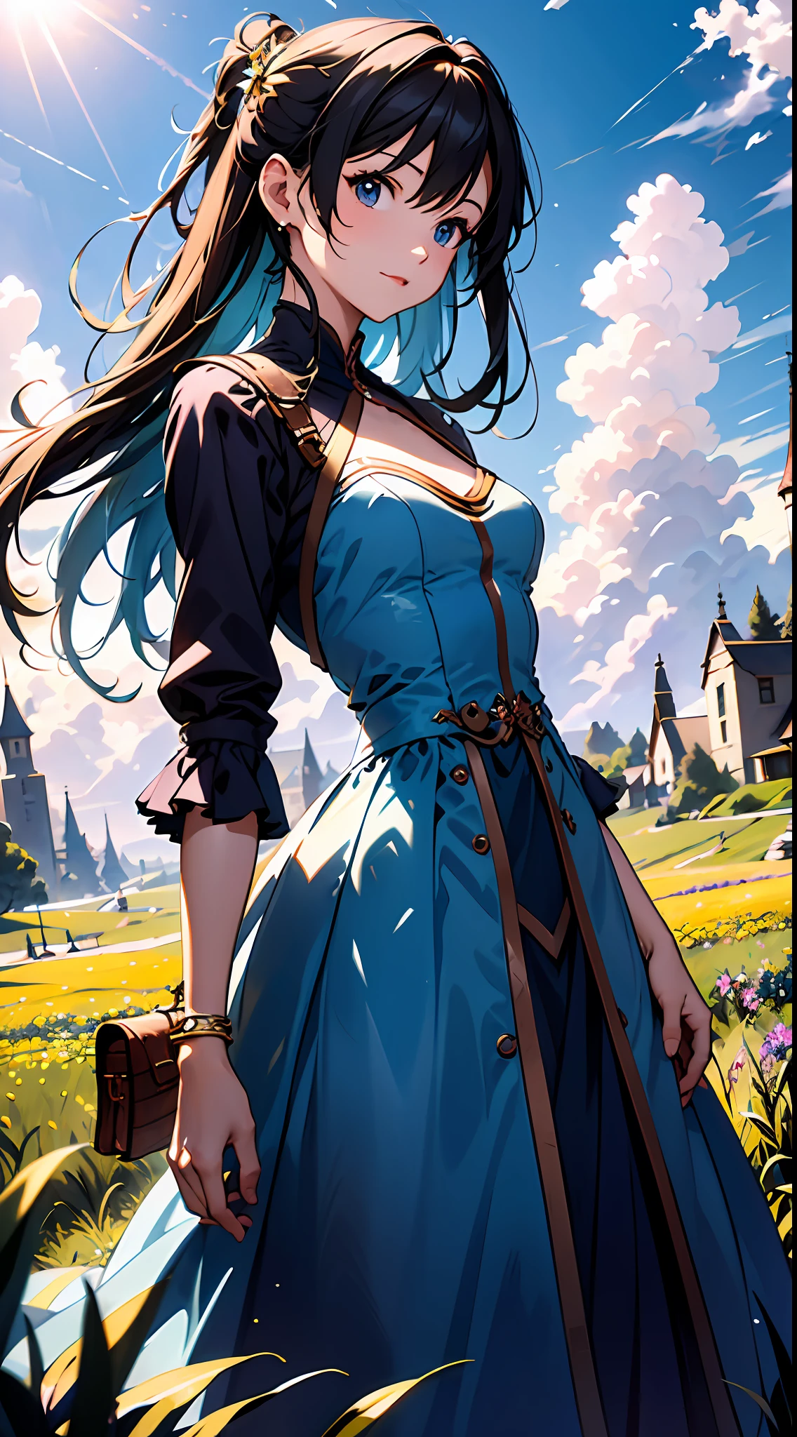 A woman in a purple dress,Blue sky and clouds in background, wearing blue dress,There are flowers on it, Art germ, Rosla global lighting, a detailed painting, Fantasy art