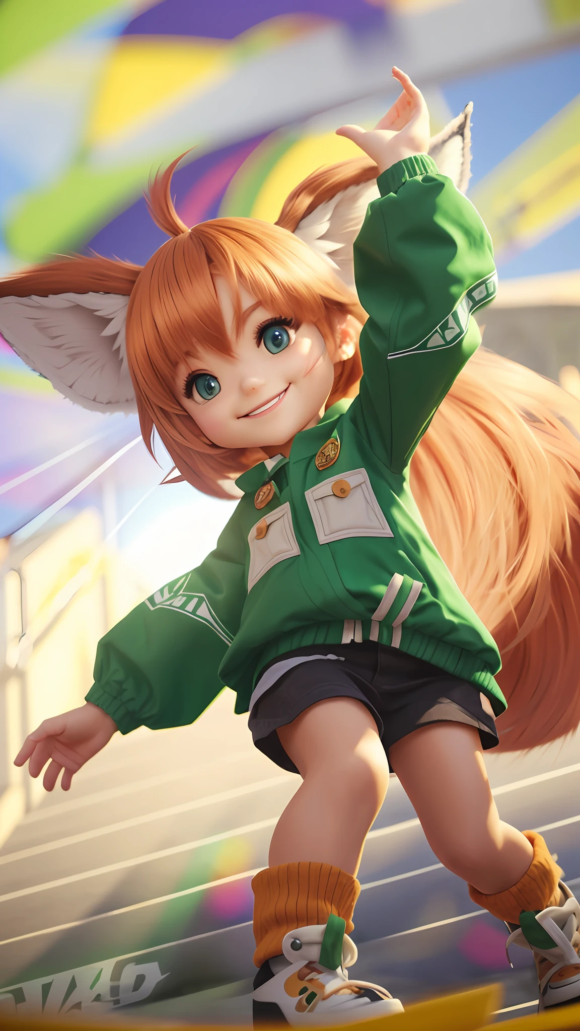 Hair detailed, beautiful, realistic, smile, real hair, real jacket, real skin, fox ear