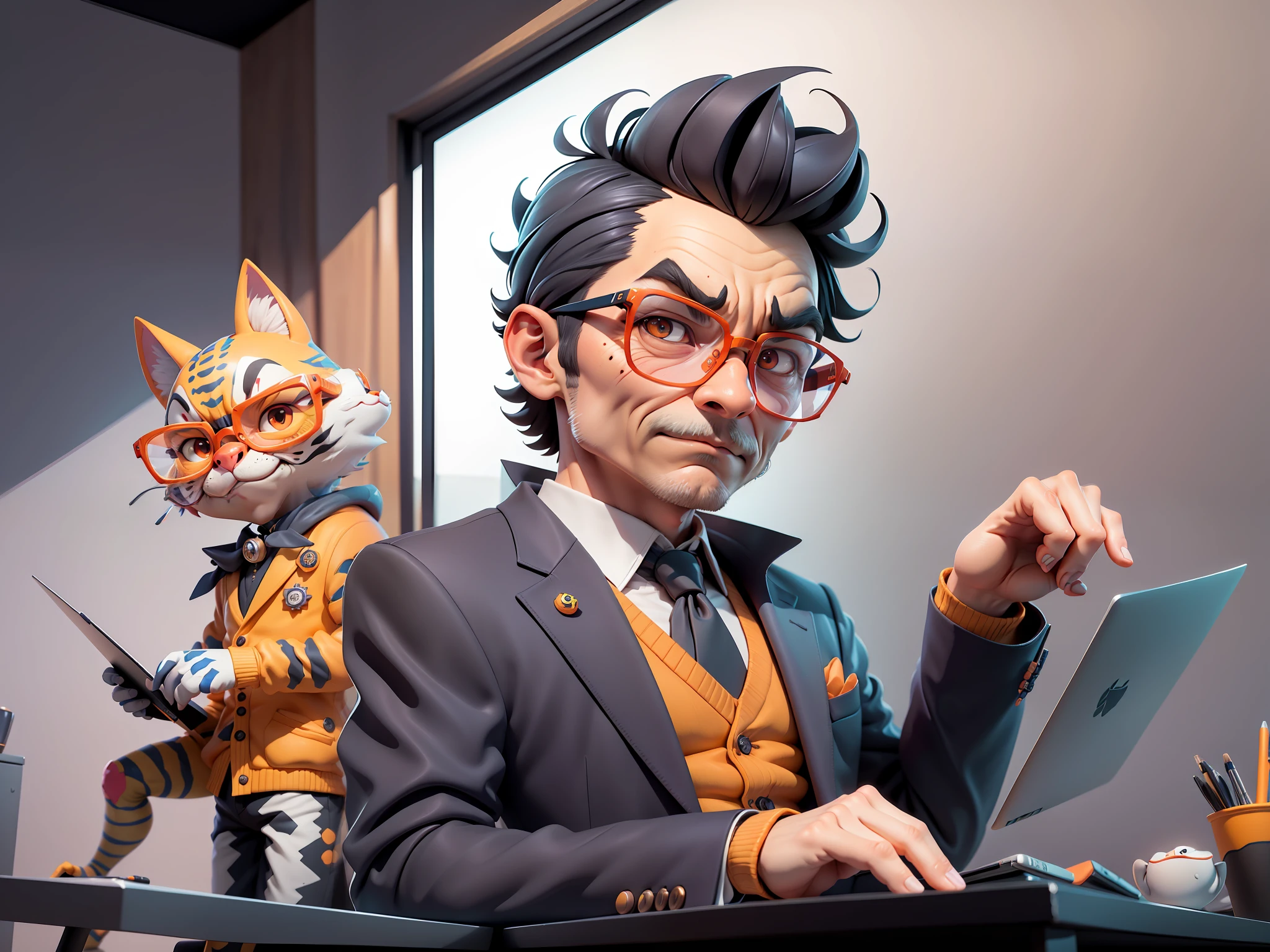 A young man in a suit, Short hair and glasses sat at his desk,holding laptop,digitial painting,tigre,3D character design by Mark Clairen and Pixar and Hayao Miyazaki and Akira Toriyama,4K HD illustration,Very detailed facial features and cartoon-style visuals。