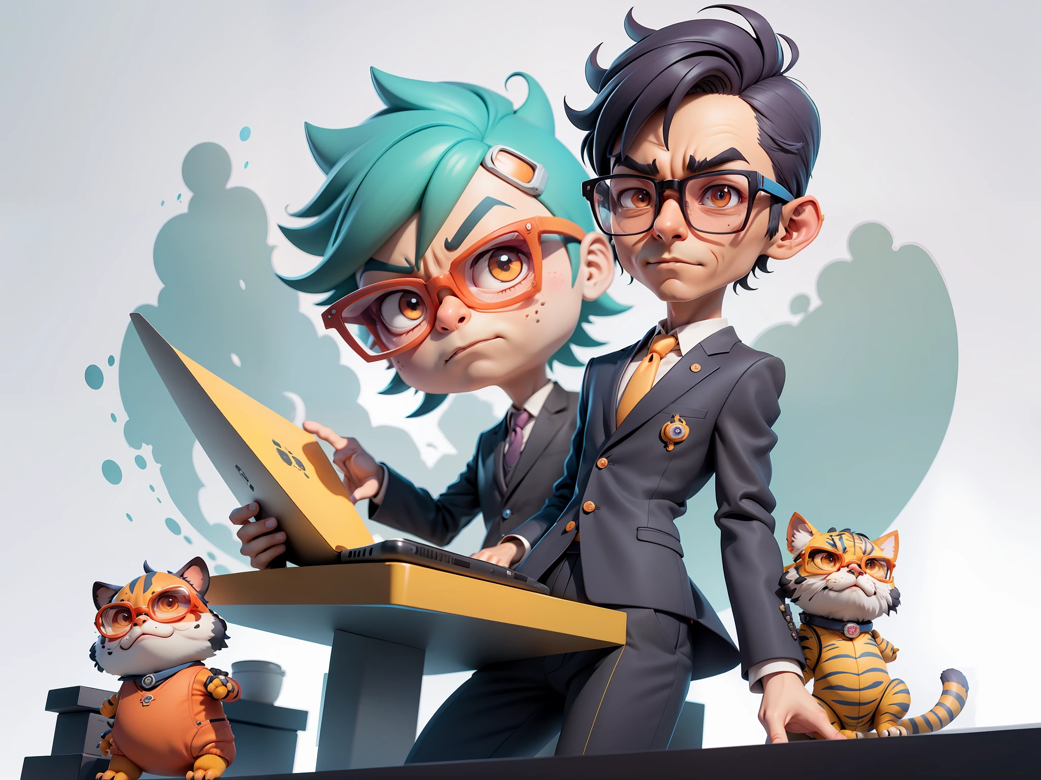 A young man in a suit, Short hair and glasses sat at his desk,holding laptop,digitial painting,tigre,3D character design by Mark Clairen and Pixar and Hayao Miyazaki and Akira Toriyama,4K HD illustration,Very detailed facial features and cartoon-style visuals。