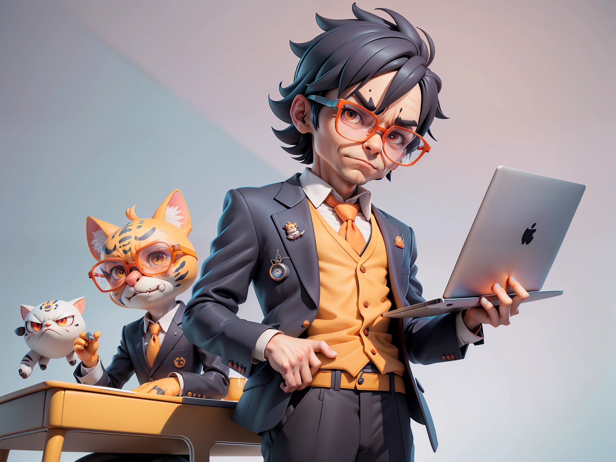 A young man in a suit, Short hair and glasses sat at his desk,holding laptop,digitial painting,tigre,3D character design by Mark Clairen and Pixar and Hayao Miyazaki and Akira Toriyama,4K HD illustration,Very detailed facial features and cartoon-style visuals。