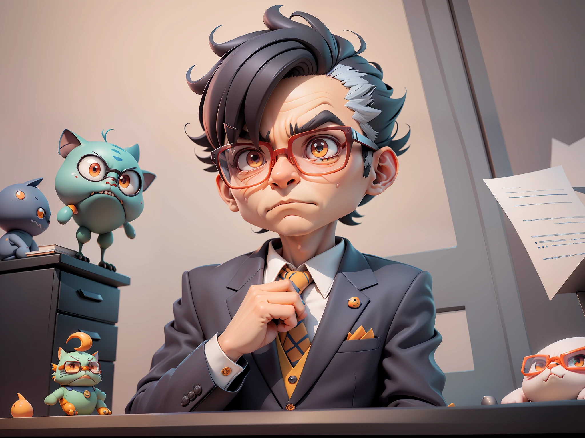 A young man in a suit, Short hair and glasses sat at his desk,holding laptop,digitial painting,tigre,3D character design by Mark Clairen and Pixar and Hayao Miyazaki and Akira Toriyama,4K HD illustration,Very detailed facial features and cartoon-style visuals。