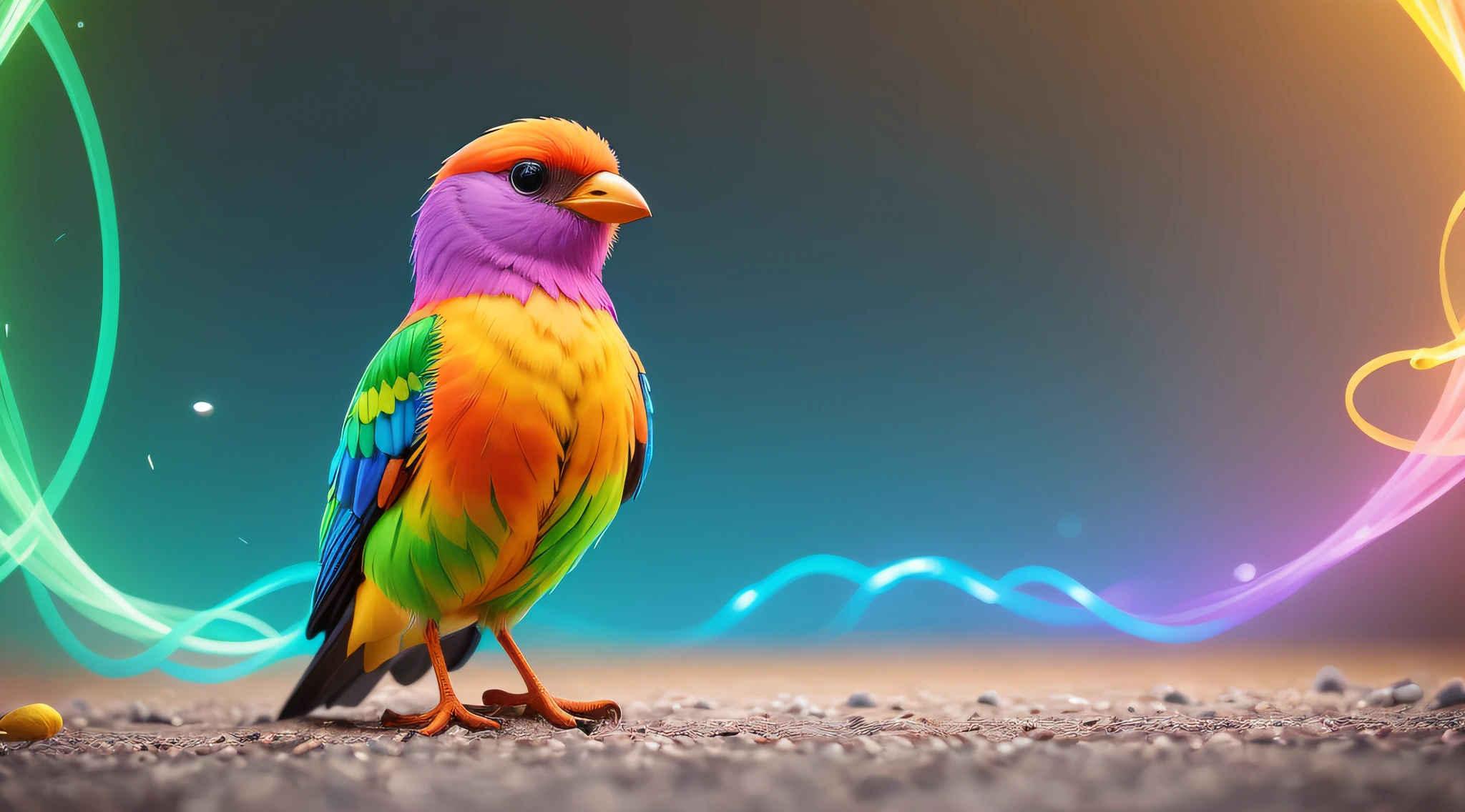 Colorful rainbow bird made of thick feathers, sentado em um tronco na floresta, usando um colar futurista com pequenas luzes coloridas, pelo altamente detalhado, fofo, symmetr, soft-lighting, rosto altamente detalhado, arte conceitual, pintura digital, looking-into-camera, (vaga-lumes), nevoeiro, noite, lua, symmetr, (cbzbb: 1.25) lindos grandes olhos circulares reflexivos brilhantes, unreal engine cinematic smooth, detalhes intrincados
