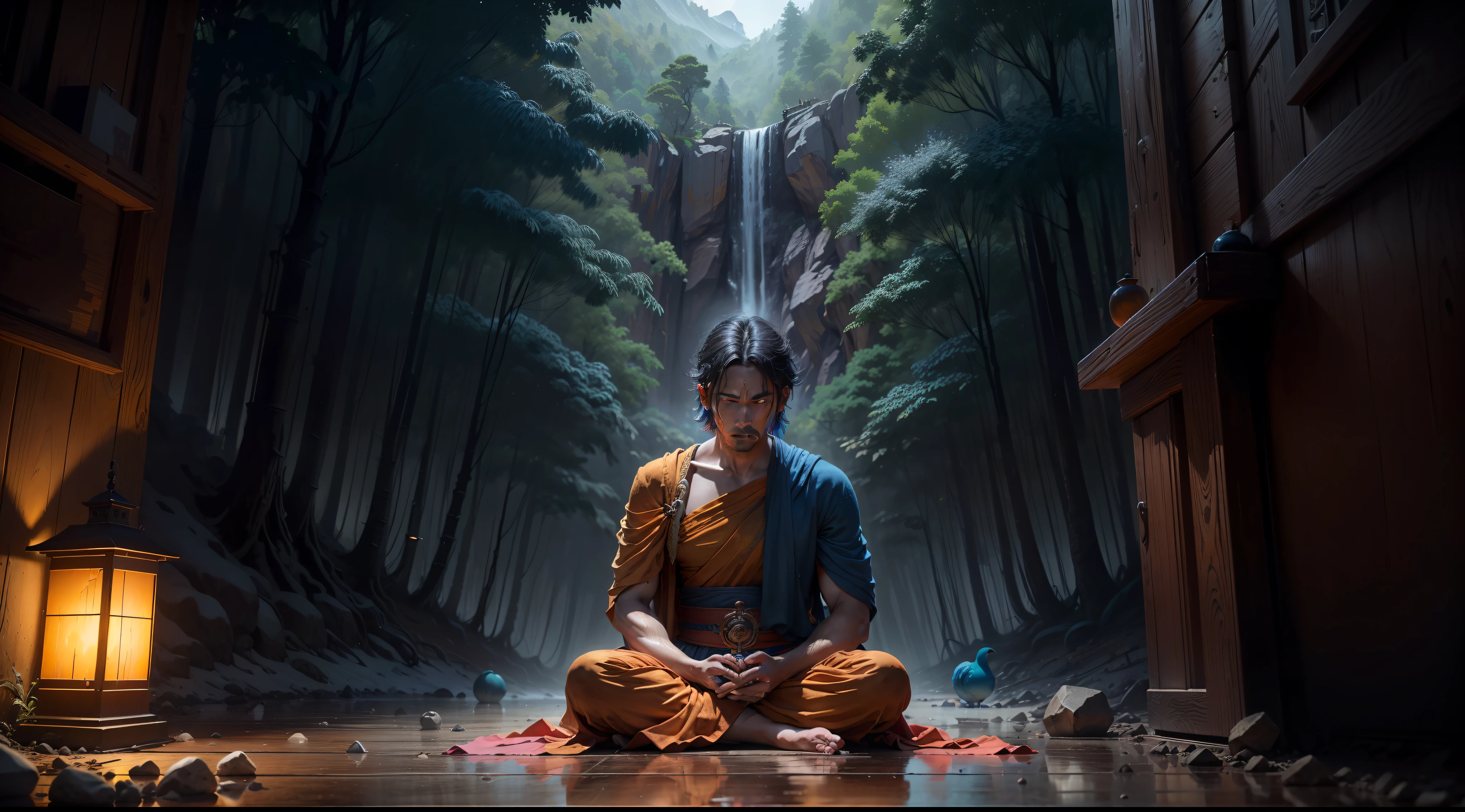 4 men Buddhist monk dressed as orange monks sitting on the ground in meditation position in a beautiful forest, montanhas, river and birds, raios de sol brilhantes no fundo, deslumbrante, emaranhado(tiro escuro: 1.4), 80mm, (tiro escuro: 1.4), 80mm, Epic realistic,, Paul Gauguin, van Gogh, arte de Greg Rutkowski e artgerm, soft Cinematic Light, Adobe Lightroom, Photolab, HDR, intrincado, altamente detalhado, (profundidade de campo: 1.4), (foto escura:1.22), cores neutras, (hdr:1.4), (cores silenciadas:1.4), (intrincada), (artstation:1.2), detalhes hiperdetalhados, Dramatic, intrincados, (technicolor:0.9), (rutkowski:0.8), cinemactic, detalhado, luz suave, sharper, exposure blending, medium shot, bokeh, (hdr:1.4), alto contraste, (cinemactic, azul-marinho e laranja:0.85), (cores silenciadas, cores fracas, tons calmantes:1.3), low saturation, (hiperdetalhada: 1.2), (noir:0.4), luz suave, sharper, exposure blending, medium shot, bokeh, (hdr:1.4), alto contraste, (cinemactic, azul-marinho e laranja:0.85), (cores suaves, cores fracas, tons suaves:1.3), low saturation, (hiperdetalhado:1.2), (noir:0.4), (detalhes intrincados:1.12), hdr, (detalhes intrincados, hiperdetalhados:1.15)