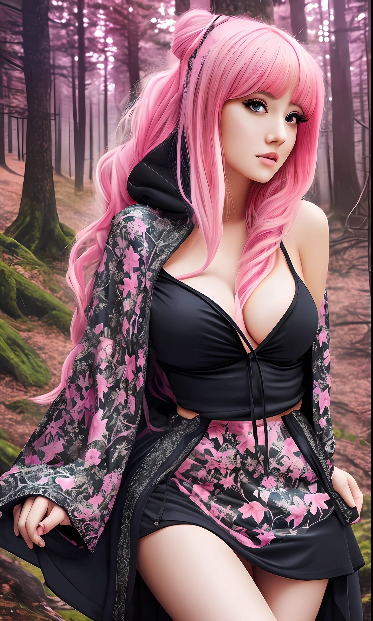 illustration of a beautiful  woman, pink hair with uneven cut bangs, hoodie, cleavage,  black skirt, fantasy forest background, masterpiece, high quality, realistic, beautiful, elegant, smooth, shiny, detailed eyes, perfect face, perfect eyes,