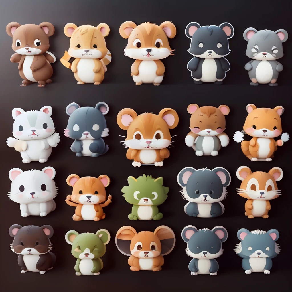 A small hamster，multiple postures and expressions，vred、having fun、coquetry，A set of illustrations， Thick line comic style，dynamicposes，Dark white，f/64 group， Each image is divided into 16 grids of equal size，Draw a small hamster per grid，Different expressions，Different gestures