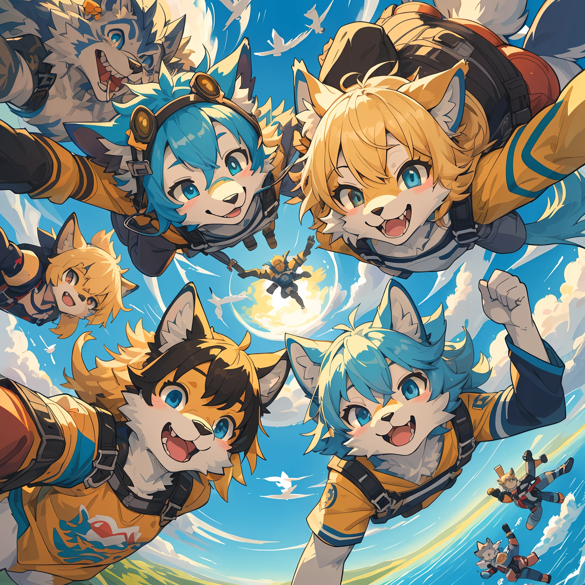 top quality, best quality, High-quality illustrations, masterpiece, super high resolution, detailed background, detailed background, skydiving, group shot:0.2, 6+boys, 6+girls, Happy, joyful, absurdres(highly detailed beautiful face and eyes)perfect anatomy(kemono, furry anthro)selfie:0.1, from below,
