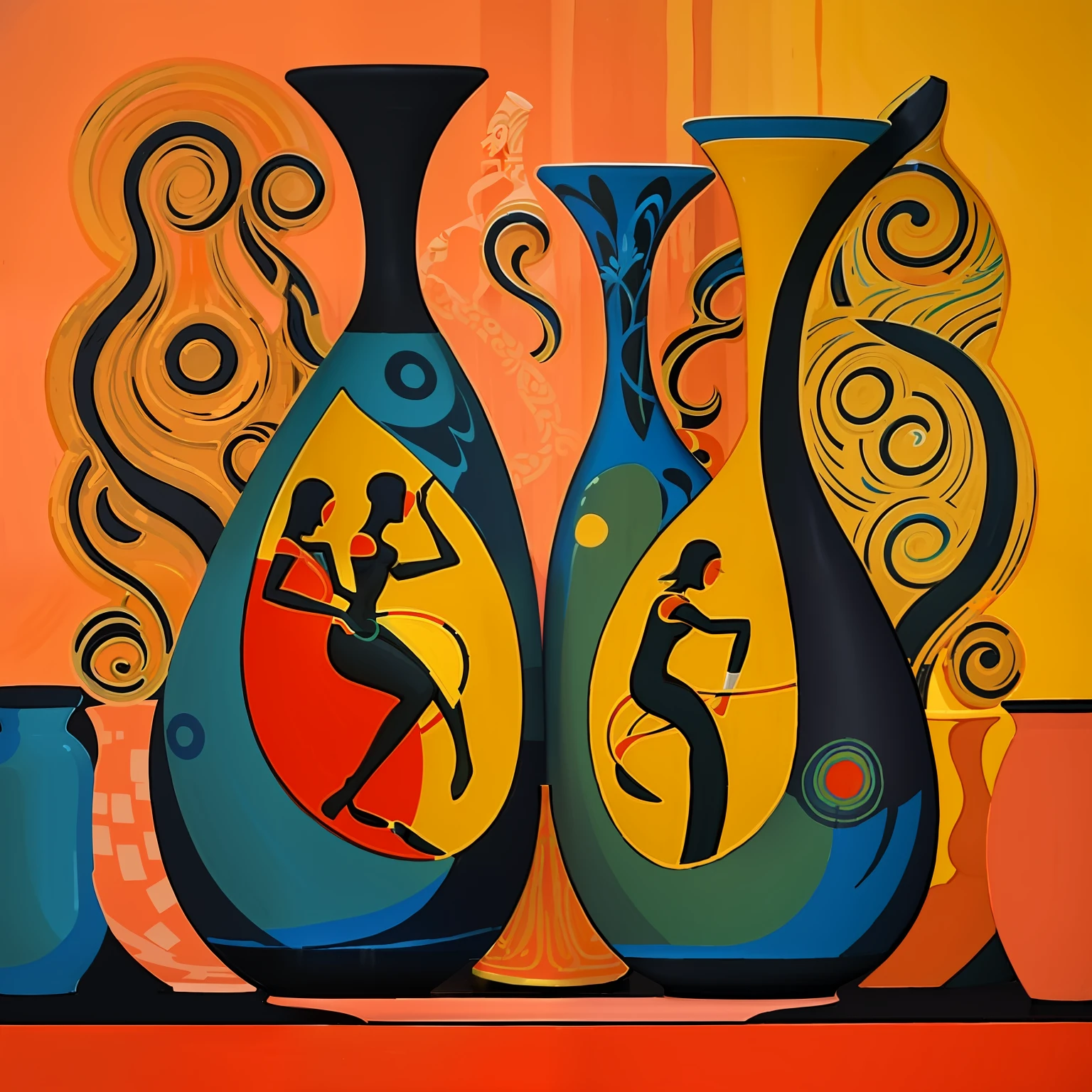 painting of two vases with figures on them on a table, rennaisance painting, vases and bottles, stylistic painting, african arts, mate painting, exuberant organic elegant forms, contemporary painting, ntricate oil painting, abstract figurative art, stylised painting, artistic painting, whimsical art, tribal art, by Ivan Generalić