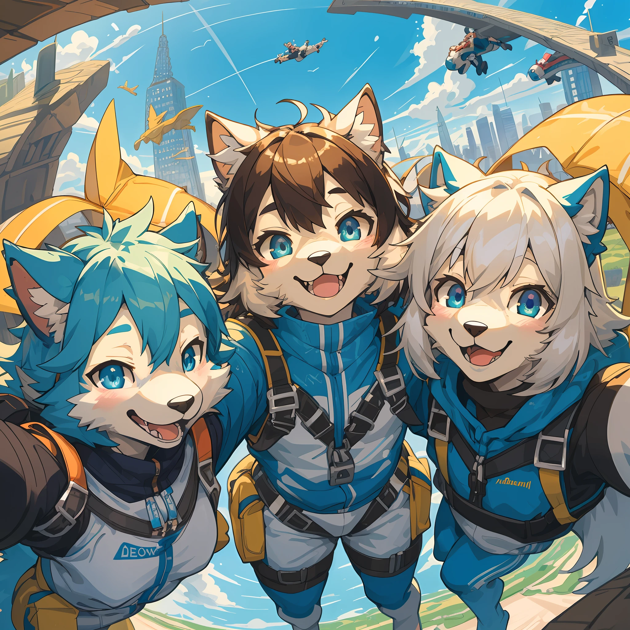 top quality, best quality, High-quality illustrations, masterpiece, super high resolution, detailed background, detailed background, skydiving, group shot:0.2, 6+boys, 6+girls, Happy, joyful, absurdres(highly detailed beautiful face and eyes)perfect anatomy(kemono, furry anthro)selfie:0.1, from below,