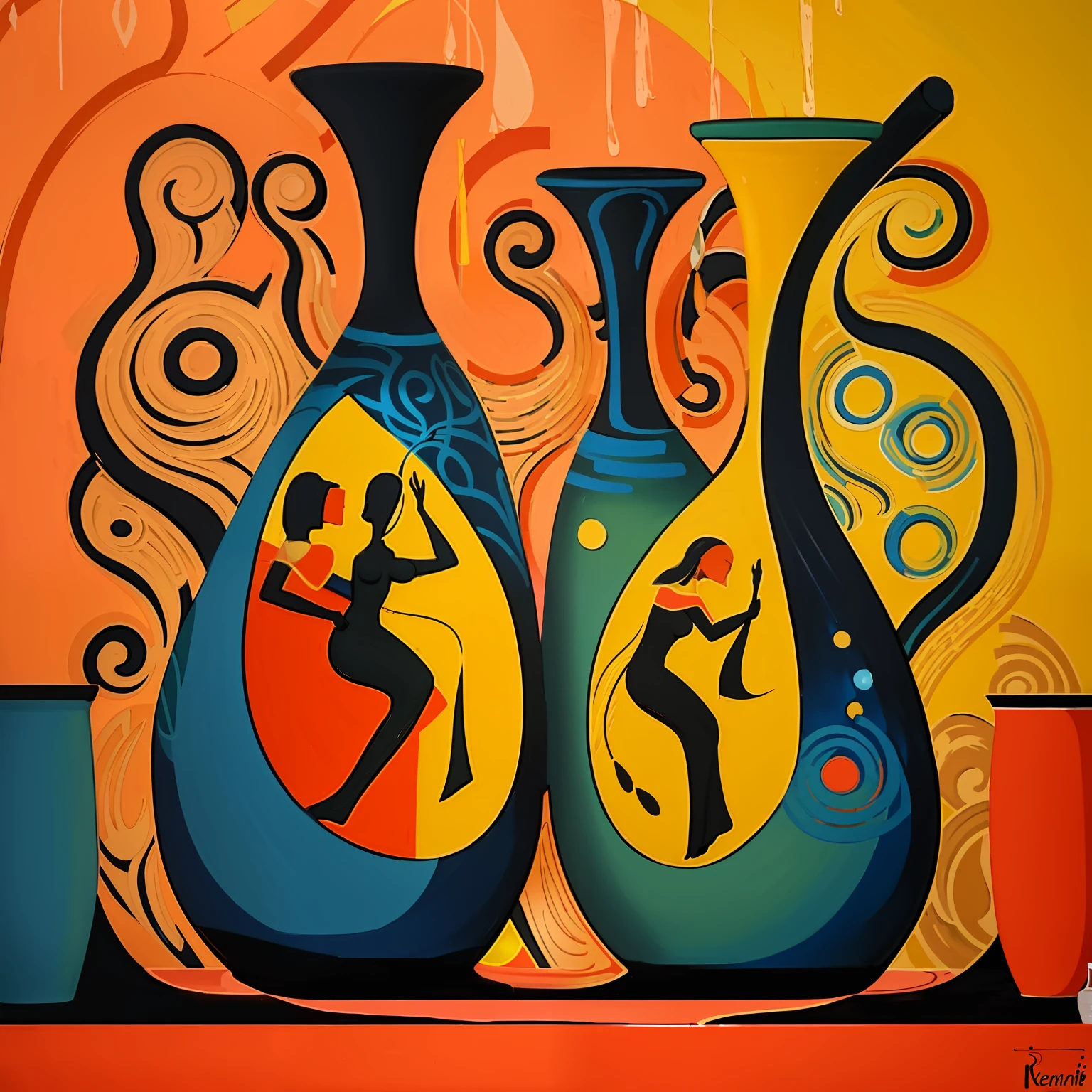 painting of two vases with figures on them on a table, rennaisance painting, vases and bottles, stylistic painting, african arts, mate painting, exuberant organic elegant forms, contemporary painting, ntricate oil painting, abstract figurative art, stylised painting, artistic painting, whimsical art, tribal art, by Ivan Generalić
