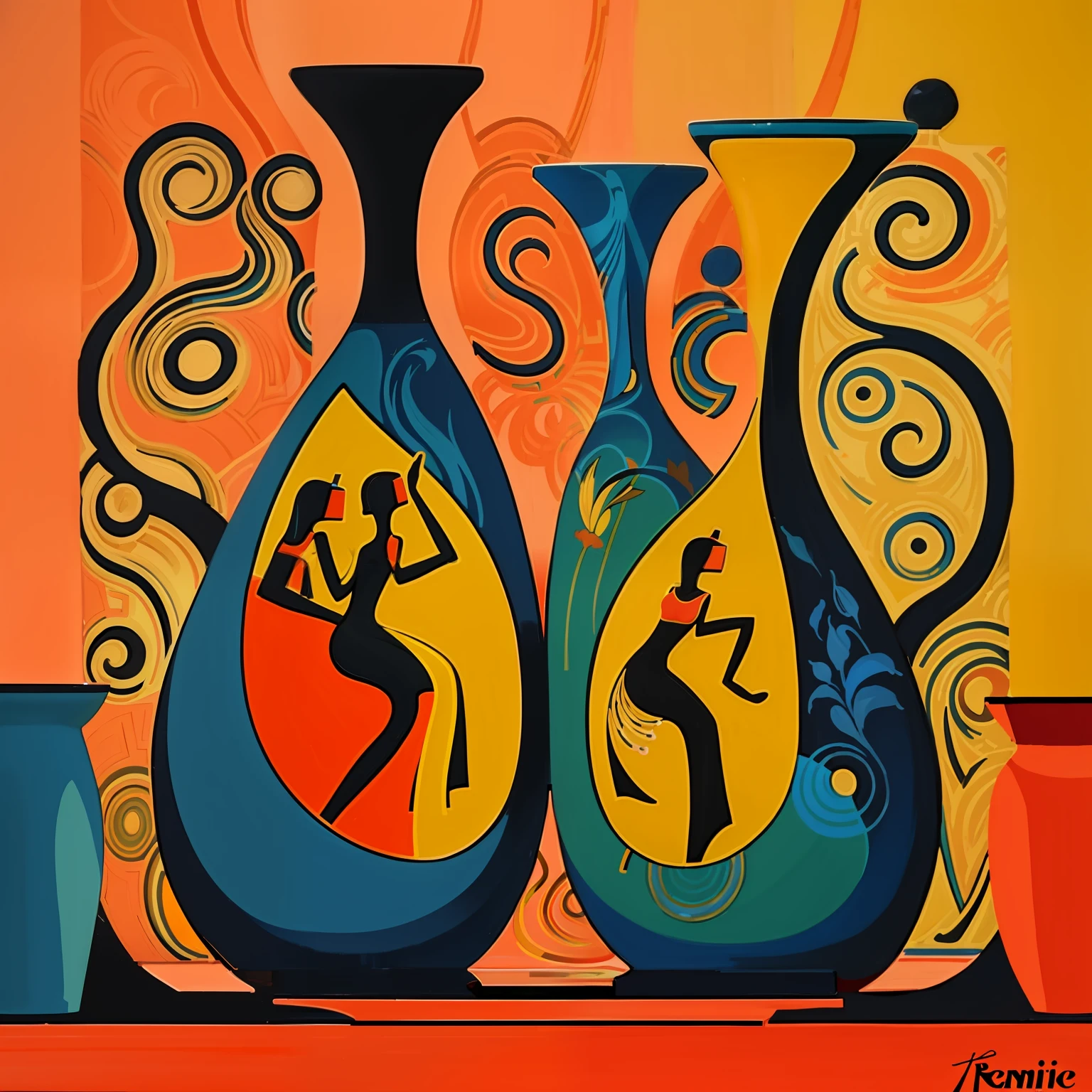 painting of two vases with figures on them on a table, rennaisance painting, vases and bottles, stylistic painting, african arts, mate painting, exuberant organic elegant forms, contemporary painting, ntricate oil painting, abstract figurative art, stylised painting, artistic painting, whimsical art, tribal art, by Ivan Generalić