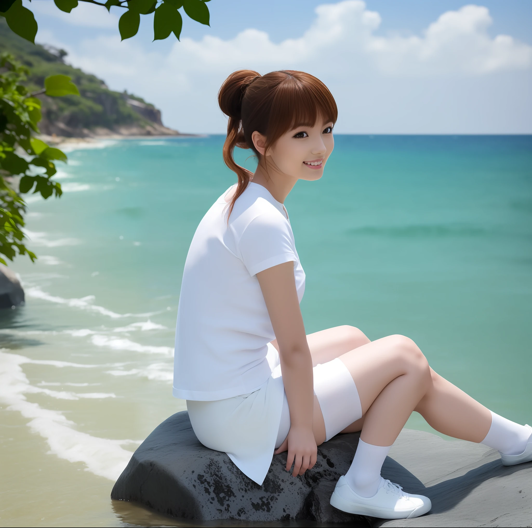 High quality, masterpiece, 8k, (1 girl, two ponytails), (sit diagonally on a rock, sea, waves, splash in background), smile, (professional wear, white t-shirt, butterfly pattern, white shorts, white stockings, white sneakers, thin and breathable material), summer, cool, seawater, waves, Gulangyu Island