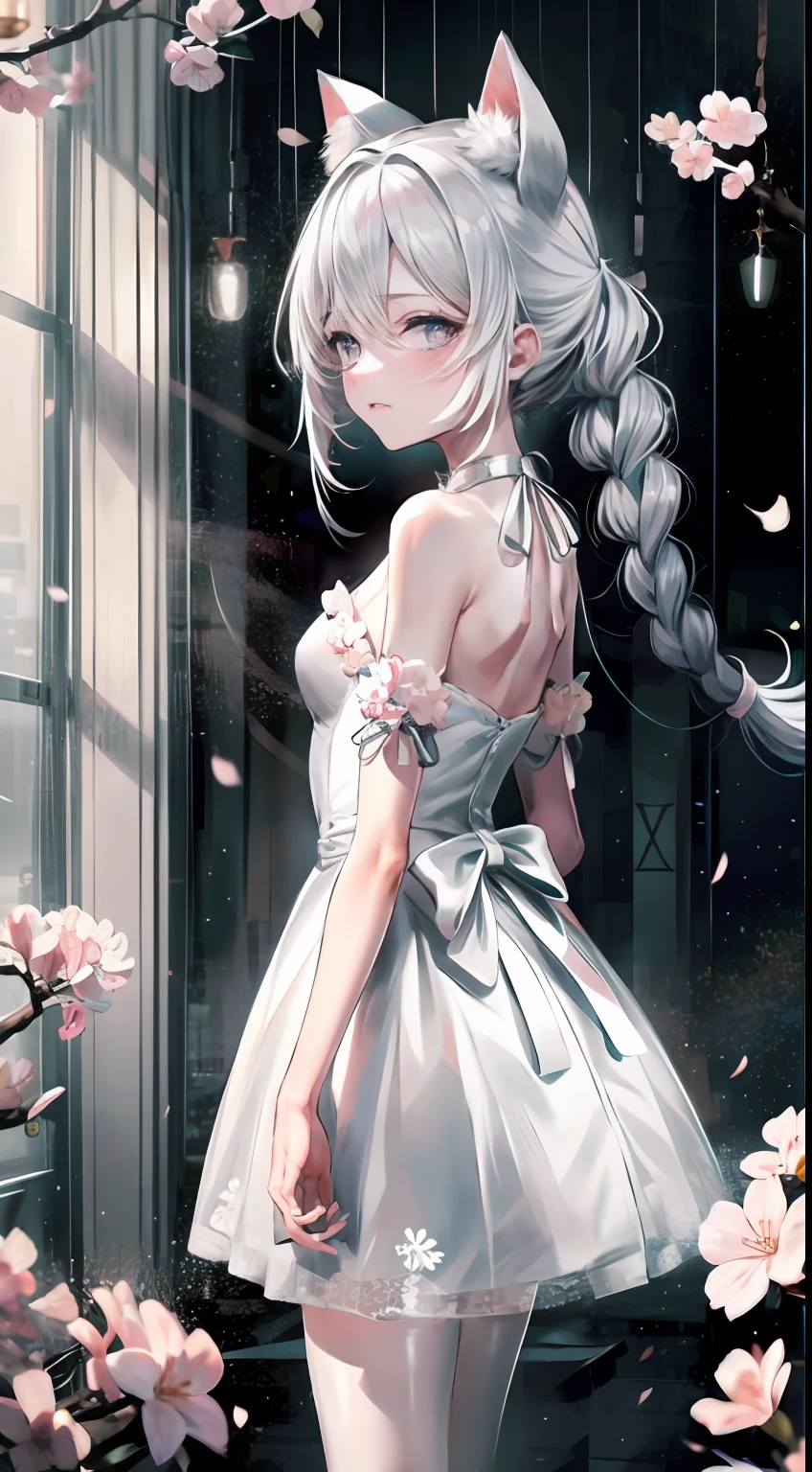 one-girl,(Long snow-white hair),(Two cat ears),Pale pink cherry blossom princess dress,Her soft hair was tied into two small braids,Coiled around the back of the head,There is also a hair ornament in the shape of a bow。Her delicate and fair little face was completely exposed,Only a little sparse bangs on the forehead cover it。