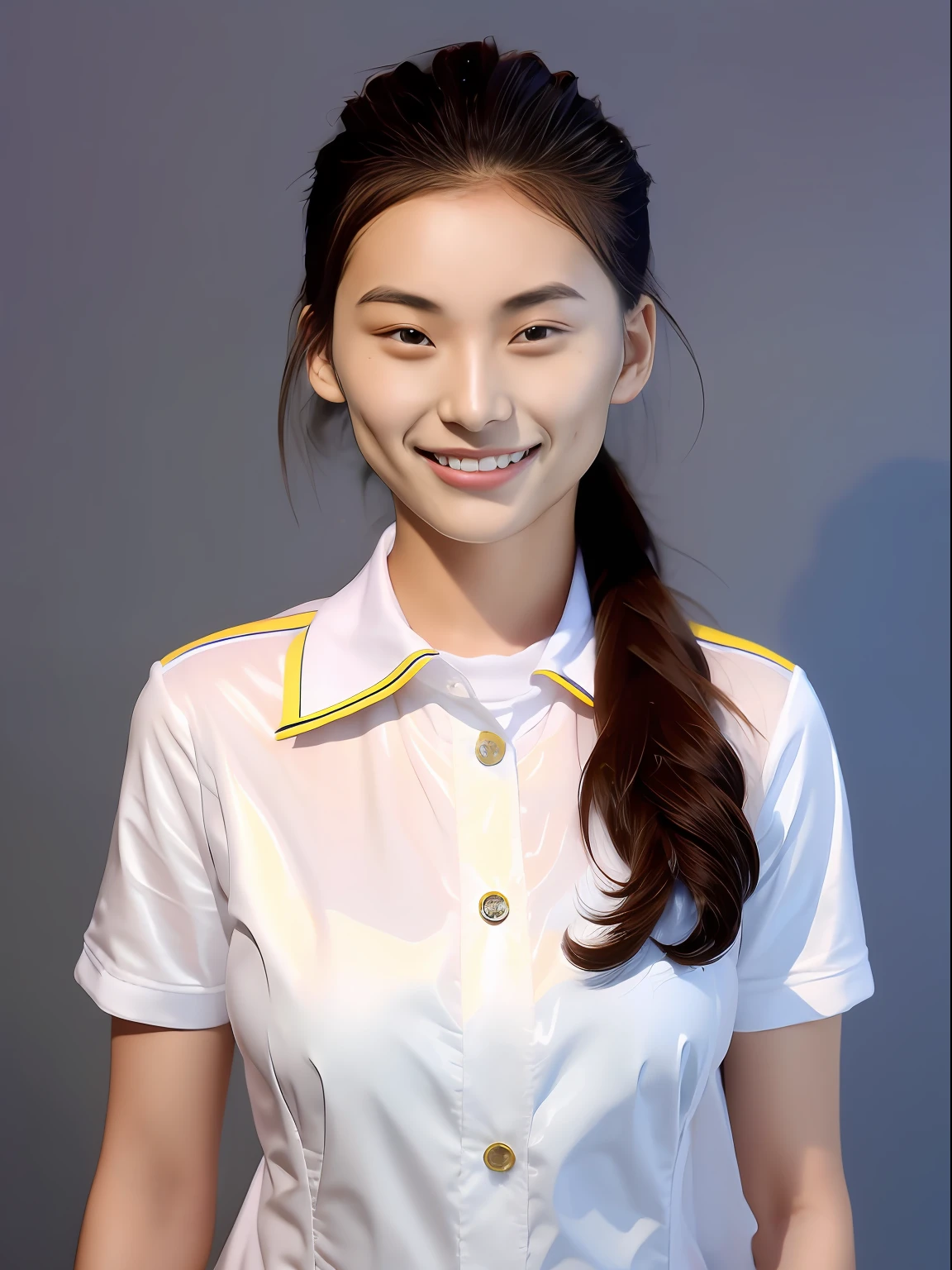 A 17-year-old female high school student，Wear colorful school uniforms，with smile