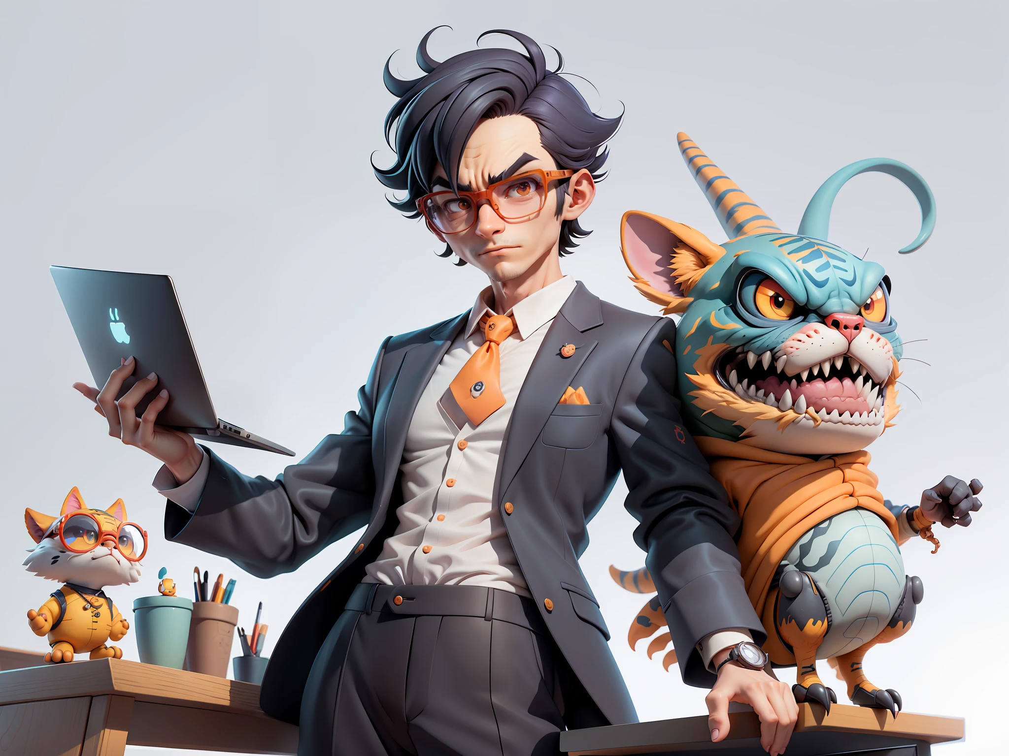 A young man in a suit, Short hair and glasses sat at his desk,holding laptop,digitial painting,tigre,3D character design by Mark Clairen and Pixar and Hayao Miyazaki and Akira Toriyama,4K HD illustration,Very detailed facial features and cartoon-style visuals。