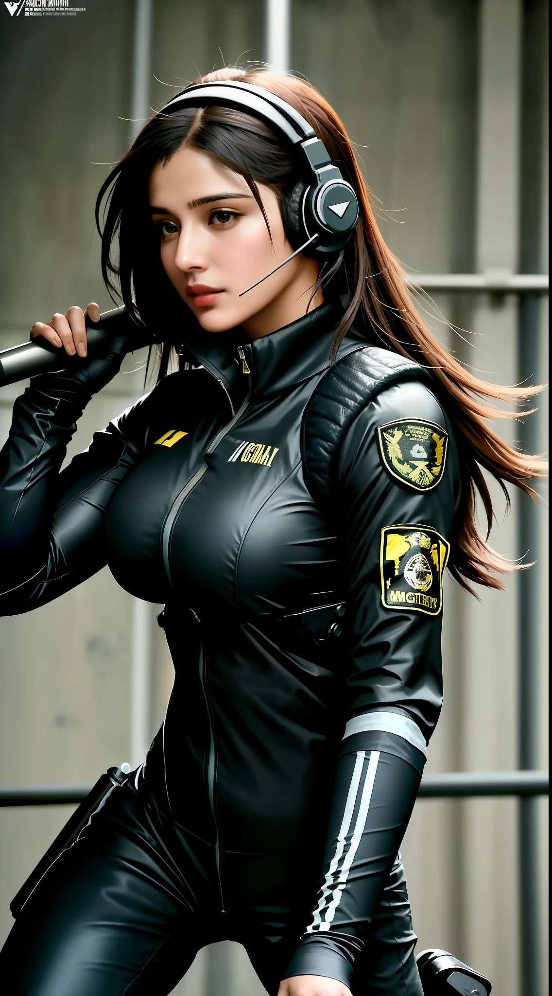 a 25 year old indian woman in a black outfit holding a rifle and wearing headphones, face like tamanna Bhatia, soldier girl, mechanized soldier girl, military girl, beautiful female soldier, female lead character, infantry girl, of a sniper girl in war, solo female character, future combat gear, closeup half body shot, large breasts and ass, curvy, dynamic pose in action, beautiful face, beautiful body, looking at the viewer, quiet from metal gear solid v, wearing tactical gear, dressed in tactical armor, highly detailed
