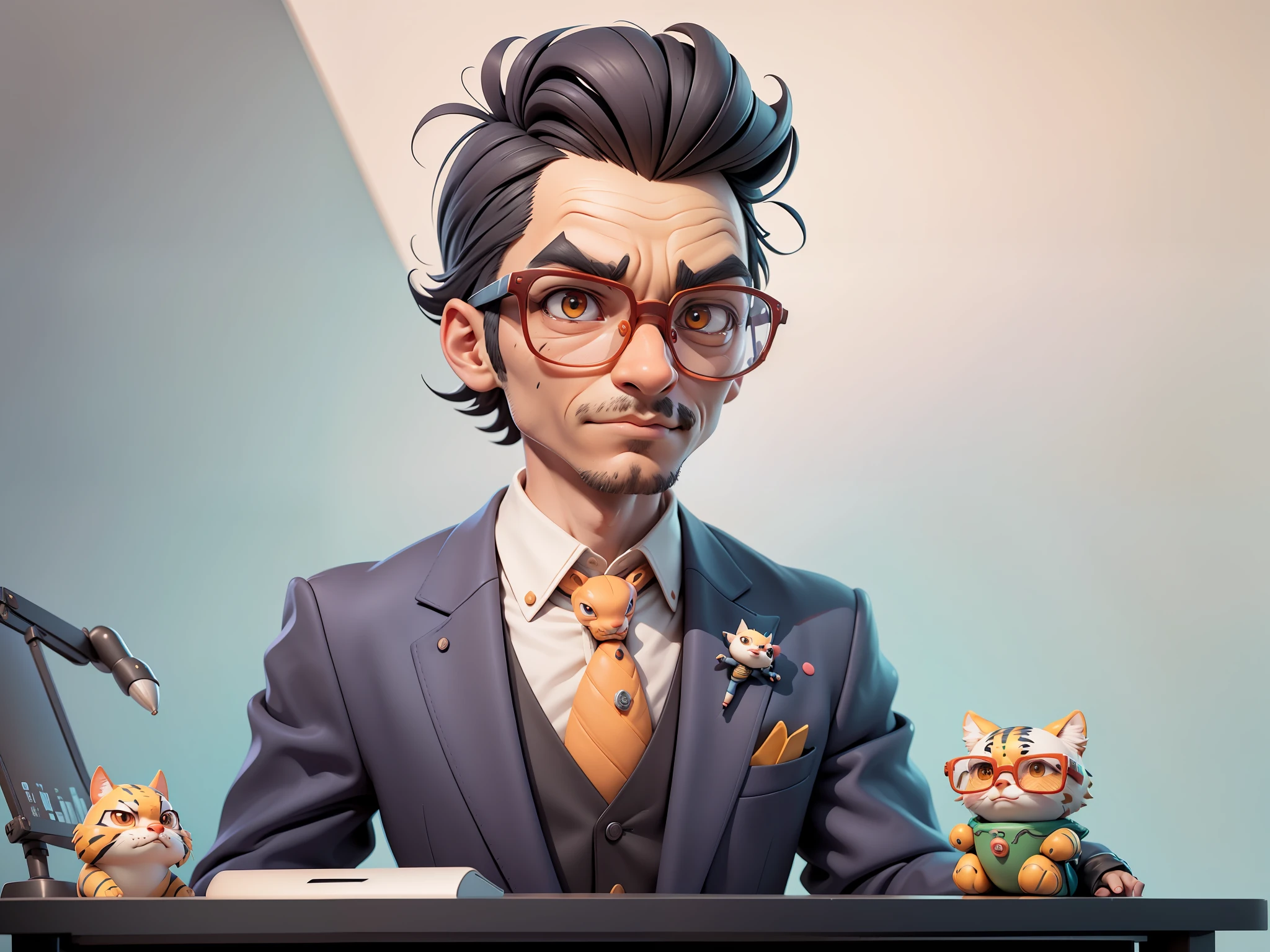 A young man in a suit, Short hair and glasses sat at his desk，holding laptop，digitial painting，tigre，3D character design by Mark Clairen and Pixar and Hayao Miyazaki and Akira Toriyama，4K HD illustration，Very detailed facial features and cartoon-style visuals。